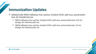 © Health Catalyst. Confidential and Proprietary.
Immunization Updates
 Deleted code 90654 Influenza virus vaccine, trivalent (IIV3), split virus, preservative-
free, for intradermal use
 90655 Influenza virus vaccine, trivalent (IIV3), split virus, preservative free, 0.25 mL
dosage, for intramuscular use
 90656 Influenza virus vaccine, trivalent (IIV3), split virus, preservative free, 0.5 mL
dosage, for intramuscular use
 