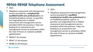 © Health Catalyst. Confidential and Proprietary.
98966-98968 Telephone Assessment
 2025
 Telephone assessment and management
service provided by a nonphysician
qualified health care professional to an
established patient, parent, or guardian
not originating from a related
assessment and management service
provided within the previous 7 days nor
leading to an assessment and
management service or procedure within
the next 24 hours or soonest available
appointment;
 98966 5-10 minutes
 98967 11-20 minutes
 98968 21-30 minutes
 2024
 Telephone assessment and management
service provided by a qualified
nonphysician health care professional to
an established patient, parent, or
guardian not originating from a related
assessment and management service
provided within the previous 7 days nor
leading to an assessment and
management service or procedure within
the next 24 hours or soonest available
appointment;
 