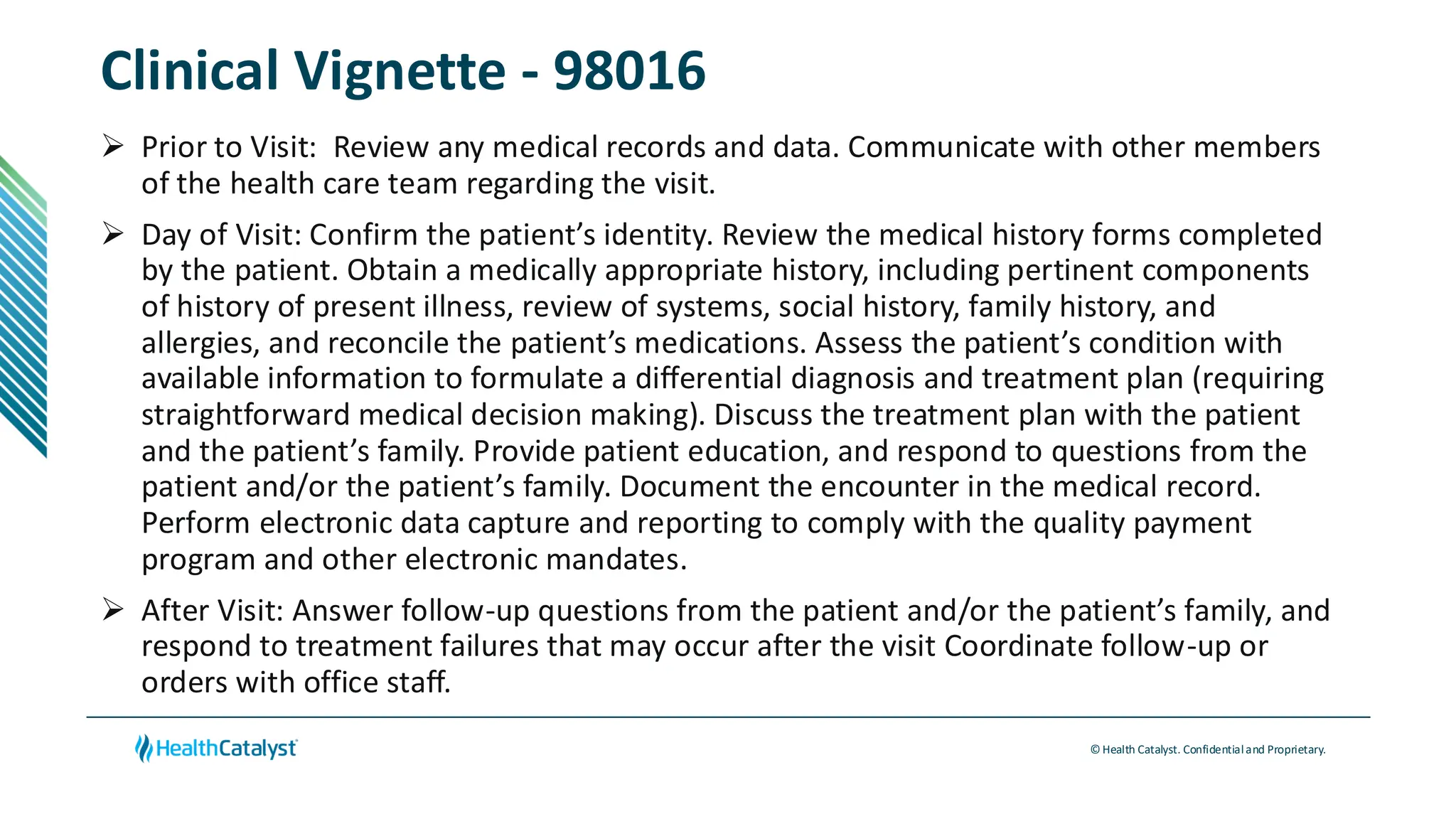 © Health Catalyst. Confidentialand Proprietary.
Clinical Vignette - 98016
➢ Prior to Visit: Review any medical records and data. Communicate with other members
of the health care team regarding the visit.
➢ Day of Visit: Confirm the patient’s identity. Review the medical history forms completed
by the patient. Obtain a medically appropriate history, including pertinent components
of history of present illness, review of systems, social history, family history, and
allergies, and reconcile the patient’s medications. Assess the patient’s condition with
available information to formulate a differential diagnosis and treatment plan (requiring
straightforward medical decision making). Discuss the treatment plan with the patient
and the patient’s family. Provide patient education, and respond to questions from the
patient and/or the patient’s family. Document the encounter in the medical record.
Perform electronic data capture and reporting to comply with the quality payment
program and other electronic mandates.
➢ After Visit: Answer follow-up questions from the patient and/or the patient’s family, and
respond to treatment failures that may occur after the visit Coordinate follow-up or
orders with office staff.
 