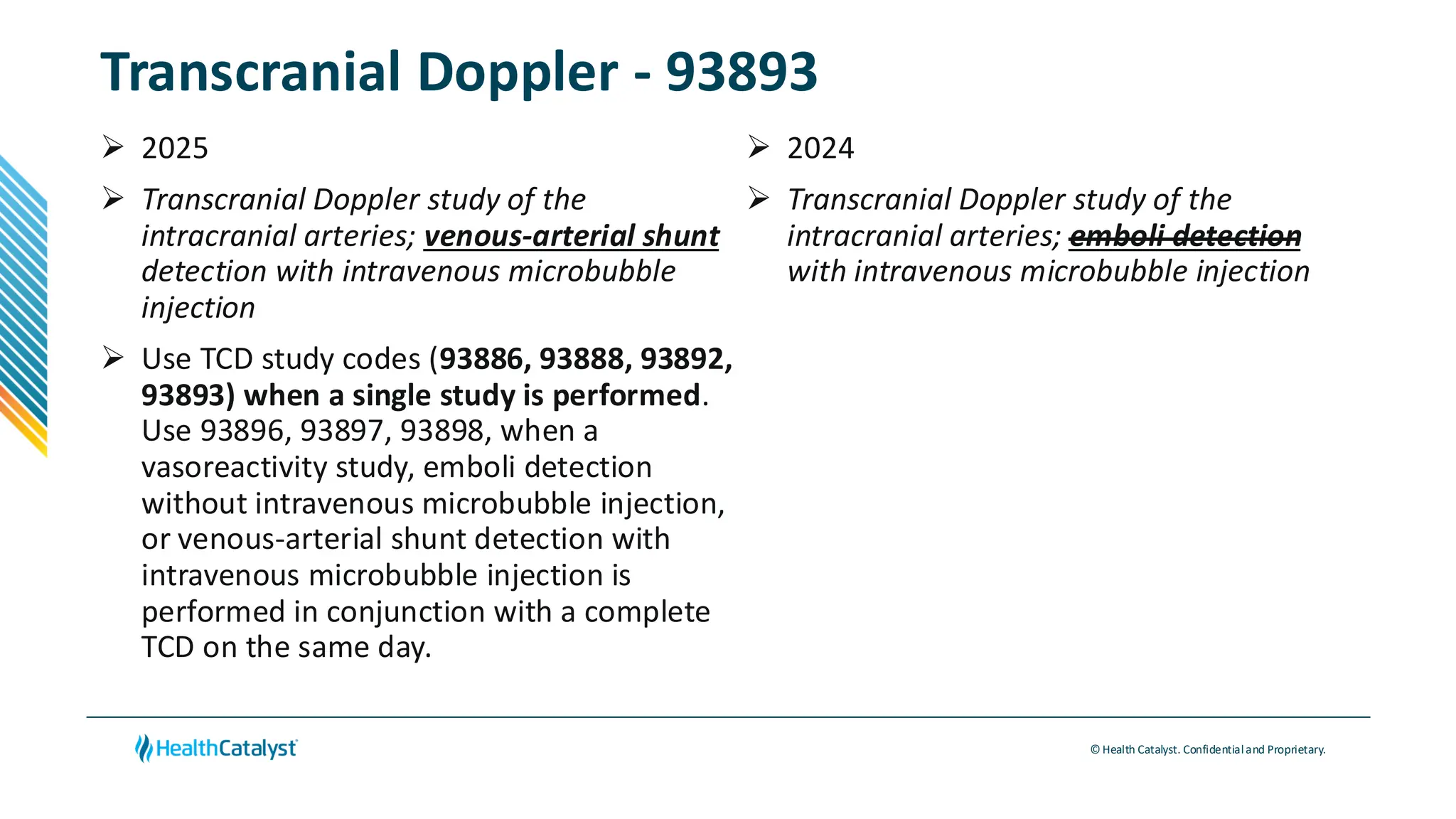 © Health Catalyst. Confidentialand Proprietary.
Transcranial Doppler - 93893
➢ 2025
➢ Transcranial Doppler study of the
intracranial arteries; venous-arterial shunt
detection with intravenous microbubble
injection
➢ Use TCD study codes (93886, 93888, 93892,
93893) when a single study is performed.
Use 93896, 93897, 93898, when a
vasoreactivity study, emboli detection
without intravenous microbubble injection,
or venous-arterial shunt detection with
intravenous microbubble injection is
performed in conjunction with a complete
TCD on the same day.
➢ 2024
➢ Transcranial Doppler study of the
intracranial arteries; emboli detection
with intravenous microbubble injection
 