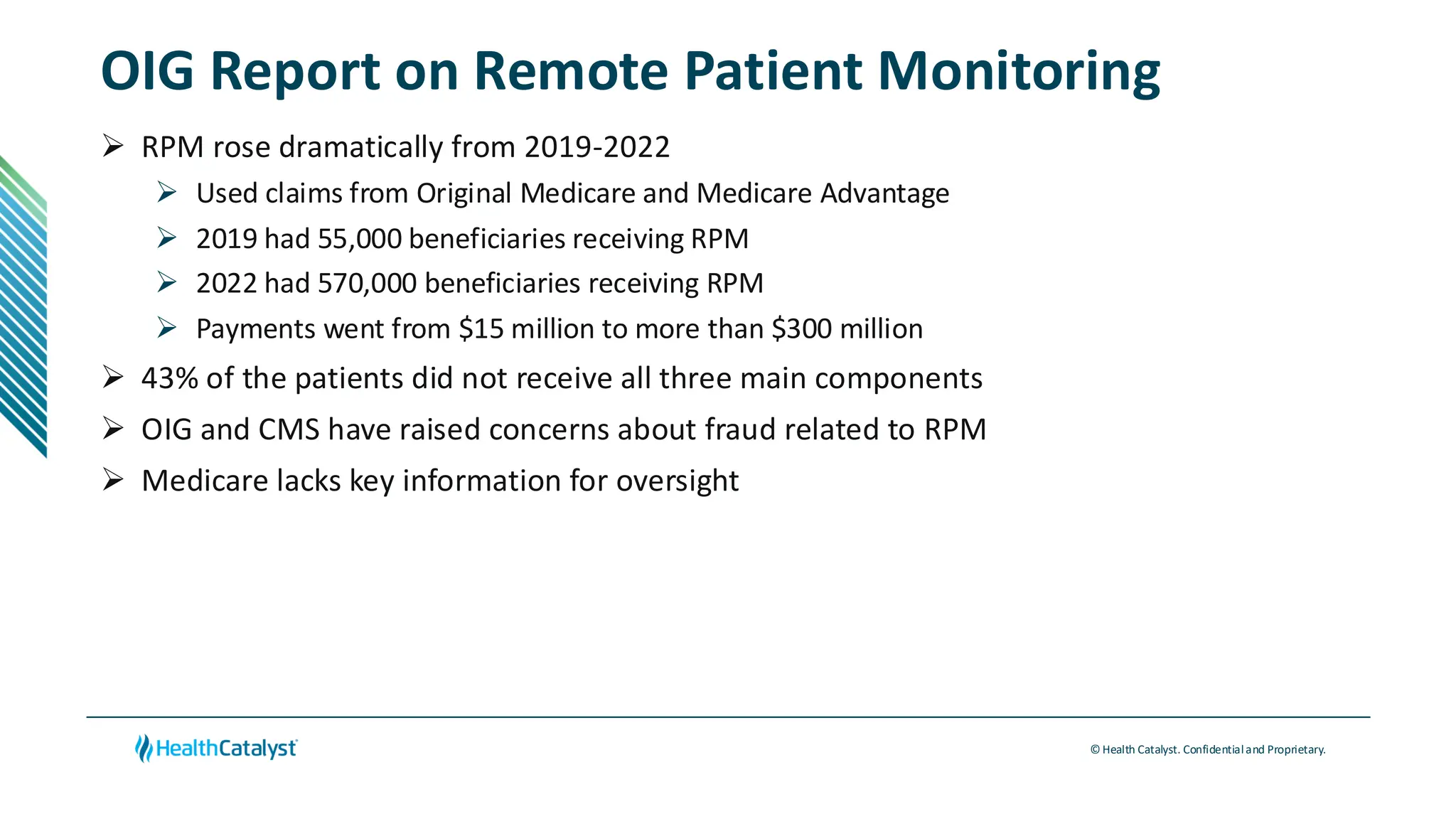 © Health Catalyst. Confidentialand Proprietary.
OIG Report on Remote Patient Monitoring
➢ RPM rose dramatically from 2019-2022
➢ Used claims from Original Medicare and Medicare Advantage
➢ 2019 had 55,000 beneficiaries receiving RPM
➢ 2022 had 570,000 beneficiaries receiving RPM
➢ Payments went from $15 million to more than $300 million
➢ 43% of the patients did not receive all three main components
➢ OIG and CMS have raised concerns about fraud related to RPM
➢ Medicare lacks key information for oversight
 