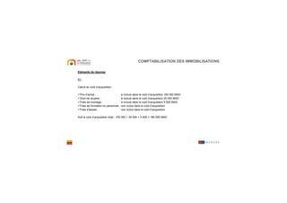 Eléments de réponse
R1 :
Calcul du coût d’acquisition :
Prix d’achat : à inclure dans le coût d’acquisition 150 000 MAD
Droit de douane : à inclure dans le coût d’acquisition 25 000 MAD
Frais de montage : à inclure dans le coût d’acquisition 5 000 MAD
Frais de formation du personnel : non inclus dans le coût d’acquisition
Frais d’essais : non inclus dans le coût d’acquisition
Soit le coût d’acquisition total : 150 000 + 25 000 + 5 000 = 180 000 MAD
COMPTABILISATION DES IMMOBILISATIONS
 