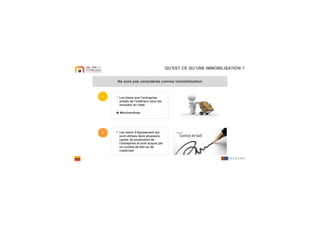 QU’EST CE QU’UNE IMMOBILISATION ?
Ne sont pas considérés comme immobilisationNe sont pas considérés comme immobilisation
11
22
> Les biens que l’entreprise
achète de l’extérieur pour les
revendre en l’état
Marchandises
> Les biens d’équipement qui
sont utilisés dans plusieurs
cycles de production de
l’entreprise et sont acquis par
un contrat de bail ou de
crédit-bail
 