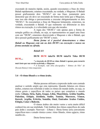 Vitor Abud Hiar                                    Curso prático de Tabla Árabe


executado de maneira rápida, assim, quando executamos a frase do ritmo
Baladi rapidamente, estamos executando, na verdade, o Maqsoun. O Baladi
possui graficamente dois “DUM´s” em sua frase, justamente para
demostrar que ele deve ser executado de forma mais lenta que o Maqsoun,
mas isso não obriga o percussionista a executar obrigatoriamente os dois
“DUM´s”. Se executarmos a frase do Maqsoun lentamente, estaremos, na
verdade, executando o Baladi. O que realmente vai diferenciar os dois
ritmos na execução, é a velocidade com que são tocados.
                    A regra dos “DUM´s” vale apenas para a forma de
notação gráfica ou cifrada, ou seja, se representarmos no papel uma frase
com um “DUM”, estaremos descrevendo o Maqsoun e não o Baladi, que
deve possuir graficamente um “DUM” a mais.
                    Desta forma só é possível demostrarmos o ritmo
Baladi ou Maqsoun com um ou dois DUM’s na execução e nunca na
forma anotada ou cifrada.

                     Baladi 4/4

                     DUM DUM takaTá DUM takaTá Táka DUM
DUM....
                       * a inserção do DUM no ritmo Baladi é apenas para torná-lo
mais lento que sua versão acelerada, o Maqsoun
                       * A Exemplo, vide obra discográfica “ Ritmos do Nilo” de
Hossam Ramzy( ritmo maqsoum).



3.4 – O ritmo libanês e o ritmo árabe.


                    Muitas pessoas utilizam a expressão árabe sem contudo
analisar o sentido amplo que esta representa. Quando falamos em ritmos
árabes, estamos nos referindo à todos os ritmos do mundo árabe, ou seja, os
ritmos gerais e específicos de todos os países que compõem o mundo
árabe: Líbano, Síria, Egito, Iraque, Líbia, Mauritânia, Arábia Saudita,
Palestina, Etiópia, Jordânia, Sudão, Tunísia, Marrocos, Yêmen,
Kuweit, Argélia, Eritréia, Somália, Omã, Emirados Árabes Unidos,
Etiópia, Catar e Bahrein.
                    O ritmos árabes são muito vastos e seria muito difícil
conhecê-los em sua totalidade. Vale lembrar dos rítmos específicos de cada
país árabe ( exemplo: Nawwari – Líbano ) Desta forma seria conveniente
especificar-mos o estudo rítmico como: ritmo libanês, ritmo egípcio, ritmo
saudita etc..
                    Desta forma temos:
 