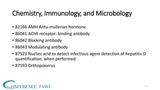Chemistry, Immunology, and Microbology
• 82166 AMH Antu-mullerian hormone
• 86041 AChR receptor: binding antibody
• 86042 Blocking antibody
• 86043 Modulating antibody
• 87523 Nucliec acid to detect infectious agent detection of hepatitis D
quantification, when performed
• 87593 Orthopoxvirus
10
 