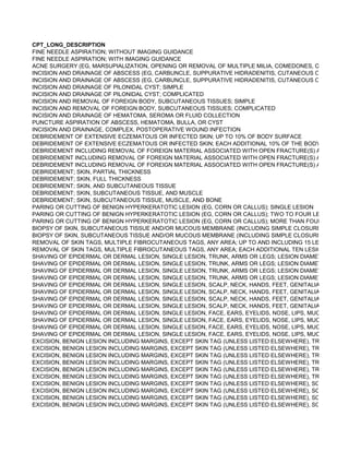 CPT_LONG_DESCRIPTION
FINE NEEDLE ASPIRATION; WITHOUT IMAGING GUIDANCE
FINE NEEDLE ASPIRATION; WITH IMAGING GUIDANCE
ACNE SURGERY (EG, MARSUPIALIZATION, OPENING OR REMOVAL OF MULTIPLE MILIA, COMEDONES, CYSTS, PUST
INCISION AND DRAINAGE OF ABSCESS (EG, CARBUNCLE, SUPPURATIVE HIDRADENITIS, CUTANEOUS OR SUBCUTA
INCISION AND DRAINAGE OF ABSCESS (EG, CARBUNCLE, SUPPURATIVE HIDRADENITIS, CUTANEOUS OR SUBCUTA
INCISION AND DRAINAGE OF PILONIDAL CYST; SIMPLE
INCISION AND DRAINAGE OF PILONIDAL CYST; COMPLICATED
INCISION AND REMOVAL OF FOREIGN BODY, SUBCUTANEOUS TISSUES; SIMPLE
INCISION AND REMOVAL OF FOREIGN BODY, SUBCUTANEOUS TISSUES; COMPLICATED
INCISION AND DRAINAGE OF HEMATOMA, SEROMA OR FLUID COLLECTION
PUNCTURE ASPIRATION OF ABSCESS, HEMATOMA, BULLA, OR CYST
INCISION AND DRAINAGE, COMPLEX, POSTOPERATIVE WOUND INFECTION
DEBRIDEMENT OF EXTENSIVE ECZEMATOUS OR INFECTED SKIN; UP TO 10% OF BODY SURFACE
DEBRIDEMENT OF EXTENSIVE ECZEMATOUS OR INFECTED SKIN; EACH ADDITIONAL 10% OF THE BODY SURFACE
DEBRIDEMENT INCLUDING REMOVAL OF FOREIGN MATERIAL ASSOCIATED WITH OPEN FRACTURE(S) AND/OR DIS
DEBRIDEMENT INCLUDING REMOVAL OF FOREIGN MATERIAL ASSOCIATED WITH OPEN FRACTURE(S) AND/OR DIS
DEBRIDEMENT INCLUDING REMOVAL OF FOREIGN MATERIAL ASSOCIATED WITH OPEN FRACTURE(S) AND/OR DIS
DEBRIDEMENT; SKIN, PARTIAL THICKNESS
DEBRIDEMENT; SKIN, FULL THICKNESS
DEBRIDEMENT; SKIN, AND SUBCUTANEOUS TISSUE
DEBRIDEMENT; SKIN, SUBCUTANEOUS TISSUE, AND MUSCLE
DEBRIDEMENT; SKIN, SUBCUTANEOUS TISSUE, MUSCLE, AND BONE
PARING OR CUTTING OF BENIGN HYPERKERATOTIC LESION (EG, CORN OR CALLUS); SINGLE LESION
PARING OR CUTTING OF BENIGN HYPERKERATOTIC LESION (EG, CORN OR CALLUS); TWO TO FOUR LESIONS
PARING OR CUTTING OF BENIGN HYPERKERATOTIC LESION (EG, CORN OR CALLUS); MORE THAN FOUR LESIONS
BIOPSY OF SKIN, SUBCUTANEOUS TISSUE AND/OR MUCOUS MEMBRANE (INCLUDING SIMPLE CLOSURE), UNLESS
BIOPSY OF SKIN, SUBCUTANEOUS TISSUE AND/OR MUCOUS MEMBRANE (INCLUDING SIMPLE CLOSURE),UNLESS O
REMOVAL OF SKIN TAGS, MULTIPLE FIBROCUTANEOUS TAGS, ANY AREA; UP TO AND INCLUDING 15 LESIONS
REMOVAL OF SKIN TAGS, MULTIPLE FIBROCUTANEOUS TAGS, ANY AREA; EACH ADDITIONAL TEN LESIONS (LIST S
SHAVING OF EPIDERMAL OR DERMAL LESION, SINGLE LESION, TRUNK, ARMS OR LEGS; LESION DIAMETER 0.5 CM
SHAVING OF EPIDERMAL OR DERMAL LESION, SINGLE LESION, TRUNK, ARMS OR LEGS; LESION DIAMETER 0.6 TO
SHAVING OF EPIDERMAL OR DERMAL LESION, SINGLE LESION, TRUNK, ARMS OR LEGS; LESION DIAMETER 1.1 TO
SHAVING OF EPIDERMAL OR DERMAL LESION, SINGLE LESION, TRUNK, ARMS OR LEGS; LESION DIAMETER OVER 2
SHAVING OF EPIDERMAL OR DERMAL LESION, SINGLE LESION, SCALP, NECK, HANDS, FEET, GENITALIA; LESION D
SHAVING OF EPIDERMAL OR DERMAL LESION, SINGLE LESION, SCALP, NECK, HANDS, FEET, GENITALIA; LESION D
SHAVING OF EPIDERMAL OR DERMAL LESION, SINGLE LESION, SCALP, NECK, HANDS, FEET, GENITALIA; LESION D
SHAVING OF EPIDERMAL OR DERMAL LESION, SINGLE LESION, SCALP, NECK, HANDS, FEET, GENITALIA; LESION D
SHAVING OF EPIDERMAL OR DERMAL LESION, SINGLE LESION, FACE, EARS, EYELIDS, NOSE, LIPS, MUCOUS MEMB
SHAVING OF EPIDERMAL OR DERMAL LESION, SINGLE LESION, FACE, EARS, EYELIDS, NOSE, LIPS, MUCOUS MEMB
SHAVING OF EPIDERMAL OR DERMAL LESION, SINGLE LESION, FACE, EARS, EYELIDS, NOSE, LIPS, MUCOUS MEMB
SHAVING OF EPIDERMAL OR DERMAL LESION, SINGLE LESION, FACE, EARS, EYELIDS, NOSE, LIPS, MUCOUS MEMB
EXCISION, BENIGN LESION INCLUDING MARGINS, EXCEPT SKIN TAG (UNLESS LISTED ELSEWHERE), TRUNK, ARMS
EXCISION, BENIGN LESION INCLUDING MARGINS, EXCEPT SKIN TAG (UNLESS LISTED ELSEWHERE), TRUNK, ARMS
EXCISION, BENIGN LESION INCLUDING MARGINS, EXCEPT SKIN TAG (UNLESS LISTED ELSEWHERE), TRUNK, ARMS
EXCISION, BENIGN LESION INCLUDING MARGINS, EXCEPT SKIN TAG (UNLESS LISTED ELSEWHERE), TRUNK, ARMS
EXCISION, BENIGN LESION INCLUDING MARGINS, EXCEPT SKIN TAG (UNLESS LISTED ELSEWHERE), TRUNK, ARMS
EXCISION, BENIGN LESION INCLUDING MARGINS, EXCEPT SKIN TAG (UNLESS LISTED ELSEWHERE), TRUNK, ARMS
EXCISION, BENIGN LESION INCLUDING MARGINS, EXCEPT SKIN TAG (UNLESS LISTED ELSEWHERE), SCALP, NECK
EXCISION, BENIGN LESION INCLUDING MARGINS, EXCEPT SKIN TAG (UNLESS LISTED ELSEWHERE), SCALP, NECK
EXCISION, BENIGN LESION INCLUDING MARGINS, EXCEPT SKIN TAG (UNLESS LISTED ELSEWHERE), SCALP, NECK
EXCISION, BENIGN LESION INCLUDING MARGINS, EXCEPT SKIN TAG (UNLESS LISTED ELSEWHERE), SCALP, NECK
 