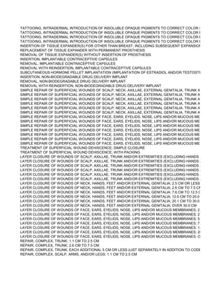 TATTOOING, INTRADERMAL INTRODUCTION OF INSOLUBLE OPAQUE PIGMENTS TO CORRECT COLOR DEFECTS O
TATTOOING, INTRADERMAL INTRODUCTION OF INSOLUBLE OPAQUE PIGMENTS TO CORRECT COLOR DEFECTS O
TATTOOING, INTRADERMAL INTRODUCTION OF INSOLUBLE OPAQUE PIGMENTS TO CORRECT COLOR DEFECTS O
TATTOOING, INTRADERMAL INTRODUCTION OF INSOLUBLE OPAQUE PIGMENTS TO CORRECT COLOR DEFECTS O
INSERTION OF TISSUE EXPANDER(S) FOR OTHER THAN BREAST, INCLUDING SUBSEQUENT EXPANSION
REPLACEMENT OF TISSUE EXPANDER WITH PERMANENT PROSTHESIS
REMOVAL OF TISSUE EXPANDER(S) WITHOUT INSERTION OF PROSTHESIS
INSERTION, IMPLANTABLE CONTRACEPTIVE CAPSULES
REMOVAL, IMPLANTABLE CONTRACEPTIVE CAPSULES
REMOVAL WITH REINSERTION, IMPLANTABLE CONTRACEPTIVE CAPSULES
SUBCUTANEOUS HORMONE PELLET IMPLANTATION (IMPLANTATION OF ESTRADIOL AND/OR TESTOSTERONE PEL
INSERTION, NON-BIODEGRADABLE DRUG DELIVERY IMPLANT
REMOVAL, NON-BIODEGRADABLE DRUG DELIVERY IMPLANT
REMOVAL WITH REINSERTION, NON-BIODEGRADABLE DRUG DELIVERY IMPLANT
SIMPLE REPAIR OF SUPERFICIAL WOUNDS OF SCALP, NECK, AXILLAE, EXTERNAL GENITALIA, TRUNK AND/OR EXT
SIMPLE REPAIR OF SUPERFICIAL WOUNDS OF SCALP, NECK, AXILLAE, EXTERNAL GENITALIA, TRUNK AND/OR EXT
SIMPLE REPAIR OF SUPERFICIAL WOUNDS OF SCALP, NECK, AXILLAE, EXTERNAL GENITALIA, TRUNK AND/OR EXT
SIMPLE REPAIR OF SUPERFICIAL WOUNDS OF SCALP, NECK, AXILLAE, EXTERNAL GENITALIA, TRUNK AND/OR EXT
SIMPLE REPAIR OF SUPERFICIAL WOUNDS OF SCALP, NECK, AXILLAE, EXTERNAL GENITALIA, TRUNK AND/OR EXT
SIMPLE REPAIR OF SUPERFICIAL WOUNDS OF SCALP, NECK, AXILLAE, EXTERNAL GENITALIA, TRUNK AND/OR EXT
SIMPLE REPAIR OF SUPERFICIAL WOUNDS OF FACE, EARS, EYELIDS, NOSE, LIPS AND/OR MUCOUS MEMBRANES;
SIMPLE REPAIR OF SUPERFICIAL WOUNDS OF FACE, EARS, EYELIDS, NOSE, LIPS AND/OR MUCOUS MEMBRANES;
SIMPLE REPAIR OF SUPERFICIAL WOUNDS OF FACE, EARS, EYELIDS, NOSE, LIPS AND/OR MUCOUS MEMBRANES;
SIMPLE REPAIR OF SUPERFICIAL WOUNDS OF FACE, EARS, EYELIDS, NOSE, LIPS AND/OR MUCOUS MEMBRANES;
SIMPLE REPAIR OF SUPERFICIAL WOUNDS OF FACE, EARS, EYELIDS, NOSE, LIPS AND/OR MUCOUS MEMBRANES;
SIMPLE REPAIR OF SUPERFICIAL WOUNDS OF FACE, EARS, EYELIDS, NOSE, LIPS AND/OR MUCOUS MEMBRANES;
SIMPLE REPAIR OF SUPERFICIAL WOUNDS OF FACE, EARS, EYELIDS, NOSE, LIPS AND/OR MUCOUS MEMBRANES;
TREATMENT OF SUPERFICIAL WOUND DEHISCENCE; SIMPLE CLOSURE
TREATMENT OF SUPERFICIAL WOUND DEHISCENCE; WITH PACKING
LAYER CLOSURE OF WOUNDS OF SCALP, AXILLAE, TRUNK AND/OR EXTREMITIES (EXCLUDING HANDS AND FEET);
LAYER CLOSURE OF WOUNDS OF SCALP, AXILLAE, TRUNK AND/OR EXTREMITIES (EXCLUDING HANDS AND FEET);
LAYER CLOSURE OF WOUNDS OF SCALP, AXILLAE, TRUNK AND/OR EXTREMITIES (EXCLUDING HANDS AND FEET);
LAYER CLOSURE OF WOUNDS OF SCALP, AXILLAE, TRUNK AND/OR EXTREMITIES (EXCLUDING HANDS AND FEET);
LAYER CLOSURE OF WOUNDS OF SCALP, AXILLAE, TRUNK AND/OR EXTREMITIES (EXCLUDING HANDS AND FEET);
LAYER CLOSURE OF WOUNDS OF SCALP, AXILLAE, TRUNK AND/OR EXTREMITIES (EXCLUDING HANDS AND FEET);
LAYER CLOSURE OF WOUNDS OF NECK, HANDS, FEET AND/OR EXTERNAL GENITALIA; 2.5 CM OR LESS
LAYER CLOSURE OF WOUNDS OF NECK, HANDS, FEET AND/OR EXTERNAL GENITALIA; 2.6 CM TO 7.5 CM
LAYER CLOSURE OF WOUNDS OF NECK, HANDS, FEET AND/OR EXTERNAL GENITALIA; 7.6 CM TO 12.5 CM
LAYER CLOSURE OF WOUNDS OF NECK, HANDS, FEET AND/OR EXTERNAL GENITALIA; 12.6 CM TO 20.0 CM
LAYER CLOSURE OF WOUNDS OF NECK, HANDS, FEET AND/OR EXTERNAL GENITALIA; 20.1 CM TO 30.0 CM
LAYER CLOSURE OF WOUNDS OF NECK, HANDS, FEET AND/OR EXTERNAL GENITALIA; OVER 30.0 CM
LAYER CLOSURE OF WOUNDS OF FACE, EARS, EYELIDS, NOSE, LIPS AND/OR MUCOUS MEMBRANES; 2.5 CM OR LE
LAYER CLOSURE OF WOUNDS OF FACE, EARS, EYELIDS, NOSE, LIPS AND/OR MUCOUS MEMBRANES; 2.6 CM TO 5.
LAYER CLOSURE OF WOUNDS OF FACE, EARS, EYELIDS, NOSE, LIPS AND/OR MUCOUS MEMBRANES; 5.1 CM TO 7.
LAYER CLOSURE OF WOUNDS OF FACE, EARS, EYELIDS, NOSE, LIPS AND/OR MUCOUS MEMBRANES; 7.6 CM TO 12
LAYER CLOSURE OF WOUNDS OF FACE, EARS, EYELIDS, NOSE, LIPS AND/OR MUCOUS MEMBRANES; 12.6 CM TO 2
LAYER CLOSURE OF WOUNDS OF FACE, EARS, EYELIDS, NOSE, LIPS AND/OR MUCOUS MEMBRANES; 20.1 CM TO 3
LAYER CLOSURE OF WOUNDS OF FACE, EARS, EYELIDS, NOSE, LIPS AND/OR MUCOUS MEMBRANES; OVER 30.0 C
REPAIR, COMPLEX, TRUNK; 1.1 CM TO 2.5 CM
REPAIR, COMPLEX, TRUNK; 2.6 CM TO 7.5 CM
REPAIR, COMPLEX, TRUNK; EACH ADDITIONAL 5 CM OR LESS (LIST SEPARATELY IN ADDITION TO CODE FOR PRIM
REPAIR, COMPLEX, SCALP, ARMS, AND/OR LEGS; 1.1 CM TO 2.5 CM
 