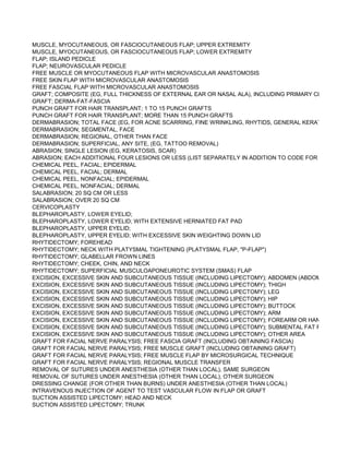 MUSCLE, MYOCUTANEOUS, OR FASCIOCUTANEOUS FLAP; UPPER EXTREMITY
MUSCLE, MYOCUTANEOUS, OR FASCIOCUTANEOUS FLAP; LOWER EXTREMITY
FLAP; ISLAND PEDICLE
FLAP; NEUROVASCULAR PEDICLE
FREE MUSCLE OR MYOCUTANEOUS FLAP WITH MICROVASCULAR ANASTOMOSIS
FREE SKIN FLAP WITH MICROVASCULAR ANASTOMOSIS
FREE FASCIAL FLAP WITH MICROVASCULAR ANASTOMOSIS
GRAFT; COMPOSITE (EG, FULL THICKNESS OF EXTERNAL EAR OR NASAL ALA), INCLUDING PRIMARY CLOSURE, DO
GRAFT; DERMA-FAT-FASCIA
PUNCH GRAFT FOR HAIR TRANSPLANT; 1 TO 15 PUNCH GRAFTS
PUNCH GRAFT FOR HAIR TRANSPLANT; MORE THAN 15 PUNCH GRAFTS
DERMABRASION; TOTAL FACE (EG, FOR ACNE SCARRING, FINE WRINKLING, RHYTIDS, GENERAL KERATOSIS)
DERMABRASION; SEGMENTAL, FACE
DERMABRASION; REGIONAL, OTHER THAN FACE
DERMABRASION; SUPERFICIAL, ANY SITE, (EG, TATTOO REMOVAL)
ABRASION; SINGLE LESION (EG, KERATOSIS, SCAR)
ABRASION; EACH ADDITIONAL FOUR LESIONS OR LESS (LIST SEPARATELY IN ADDITION TO CODE FOR PRIMARY P
CHEMICAL PEEL, FACIAL; EPIDERMAL
CHEMICAL PEEL, FACIAL; DERMAL
CHEMICAL PEEL, NONFACIAL; EPIDERMAL
CHEMICAL PEEL, NONFACIAL; DERMAL
SALABRASION; 20 SQ CM OR LESS
SALABRASION; OVER 20 SQ CM
CERVICOPLASTY
BLEPHAROPLASTY, LOWER EYELID;
BLEPHAROPLASTY, LOWER EYELID; WITH EXTENSIVE HERNIATED FAT PAD
BLEPHAROPLASTY, UPPER EYELID;
BLEPHAROPLASTY, UPPER EYELID; WITH EXCESSIVE SKIN WEIGHTING DOWN LID
RHYTIDECTOMY; FOREHEAD
RHYTIDECTOMY; NECK WITH PLATYSMAL TIGHTENING (PLATYSMAL FLAP, "P-FLAP")
RHYTIDECTOMY; GLABELLAR FROWN LINES
RHYTIDECTOMY; CHEEK, CHIN, AND NECK
RHYTIDECTOMY; SUPERFICIAL MUSCULOAPONEUROTIC SYSTEM (SMAS) FLAP
EXCISION, EXCESSIVE SKIN AND SUBCUTANEOUS TISSUE (INCLUDING LIPECTOMY); ABDOMEN (ABDOMINOPLAST
EXCISION, EXCESSIVE SKIN AND SUBCUTANEOUS TISSUE (INCLUDING LIPECTOMY); THIGH
EXCISION, EXCESSIVE SKIN AND SUBCUTANEOUS TISSUE (INCLUDING LIPECTOMY); LEG
EXCISION, EXCESSIVE SKIN AND SUBCUTANEOUS TISSUE (INCLUDING LIPECTOMY); HIP
EXCISION, EXCESSIVE SKIN AND SUBCUTANEOUS TISSUE (INCLUDING LIPECTOMY); BUTTOCK
EXCISION, EXCESSIVE SKIN AND SUBCUTANEOUS TISSUE (INCLUDING LIPECTOMY); ARM
EXCISION, EXCESSIVE SKIN AND SUBCUTANEOUS TISSUE (INCLUDING LIPECTOMY); FOREARM OR HAND
EXCISION, EXCESSIVE SKIN AND SUBCUTANEOUS TISSUE (INCLUDING LIPECTOMY); SUBMENTAL FAT PAD
EXCISION, EXCESSIVE SKIN AND SUBCUTANEOUS TISSUE (INCLUDING LIPECTOMY); OTHER AREA
GRAFT FOR FACIAL NERVE PARALYSIS; FREE FASCIA GRAFT (INCLUDING OBTAINING FASCIA)
GRAFT FOR FACIAL NERVE PARALYSIS; FREE MUSCLE GRAFT (INCLUDING OBTAINING GRAFT)
GRAFT FOR FACIAL NERVE PARALYSIS; FREE MUSCLE FLAP BY MICROSURGICAL TECHNIQUE
GRAFT FOR FACIAL NERVE PARALYSIS; REGIONAL MUSCLE TRANSFER
REMOVAL OF SUTURES UNDER ANESTHESIA (OTHER THAN LOCAL), SAME SURGEON
REMOVAL OF SUTURES UNDER ANESTHESIA (OTHER THAN LOCAL), OTHER SURGEON
DRESSING CHANGE (FOR OTHER THAN BURNS) UNDER ANESTHESIA (OTHER THAN LOCAL)
INTRAVENOUS INJECTION OF AGENT TO TEST VASCULAR FLOW IN FLAP OR GRAFT
SUCTION ASSISTED LIPECTOMY; HEAD AND NECK
SUCTION ASSISTED LIPECTOMY; TRUNK
 