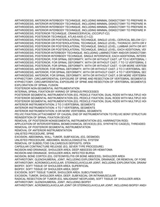 ARTHRODESIS, ANTERIOR INTERBODY TECHNIQUE, INCLUDING MINIMAL DISKECTOMY TO PREPARE INTERSPACE
ARTHRODESIS, ANTERIOR INTERBODY TECHNIQUE, INCLUDING MINIMAL DISKECTOMY TO PREPARE INTERSPACE
ARTHRODESIS, ANTERIOR INTERBODY TECHNIQUE, INCLUDING MINIMAL DISKECTOMY TO PREPARE INTERSPACE
ARTHRODESIS, ANTERIOR INTERBODY TECHNIQUE, INCLUDING MINIMAL DISKECTOMY TO PREPARE INTERSPACE
ARTHRODESIS, POSTERIOR TECHNIQUE, CRANIOCERVICAL (OCCIPUT-C2)
ARTHRODESIS, POSTERIOR TECHNIQUE, ATLAS-AXIS (C1-C2)
ARTHRODESIS, POSTERIOR OR POSTEROLATERAL TECHNIQUE, SINGLE LEVEL; CERVICAL BELOW C2 SEGMENT
ARTHRODESIS, POSTERIOR OR POSTEROLATERAL TECHNIQUE, SINGLE LEVEL; THORACIC (WITH OR WITHOUT LA
ARTHRODESIS, POSTERIOR OR POSTEROLATERAL TECHNIQUE, SINGLE LEVEL; LUMBAR (WITH OR WITHOUT LATE
ARTHRODESIS, POSTERIOR OR POSTEROLATERAL TECHNIQUE, SINGLE LEVEL; EACH ADDITIONAL VERTEBRAL SE
ARTHRODESIS, POSTERIOR INTERBODY TECHNIQUE, INCLUDING LAMINECTOMY AND/OR DISKECTOMY TO PREPA
ARTHRODESIS, POSTERIOR INTERBODY TECHNIQUE, SINGLE INTERSPACE; EACH ADDITIONAL INTERSPACE (LIST
ARTHRODESIS, POSTERIOR, FOR SPINAL DEFORMITY, WITH OR WITHOUT CAST; UP TO 6 VERTEBRAL SEGMENTS
ARTHRODESIS, POSTERIOR, FOR SPINAL DEFORMITY, WITH OR WITHOUT CAST; 7 TO 12 VERTEBRAL SEGMENTS
ARTHRODESIS, POSTERIOR, FOR SPINAL DEFORMITY, WITH OR WITHOUT CAST; 13 OR MORE VERTEBRAL SEGME
ARTHRODESIS, ANTERIOR, FOR SPINAL DEFORMITY, WITH OR WITHOUT CAST; 2 TO 3 VERTEBRAL SEGMENTS
ARTHRODESIS, ANTERIOR, FOR SPINAL DEFORMITY, WITH OR WITHOUT CAST; 4 TO 7 VERTEBRAL SEGMENTS
ARTHRODESIS, ANTERIOR, FOR SPINAL DEFORMITY, WITH OR WITHOUT CAST; 8 OR MORE VERTEBRAL SEGMENT
KYPHECTOMY, CIRCUMFERENTIAL EXPOSURE OF SPINE AND RESECTION OF VERTEBRAL SEGMENT(S) (INCLUDIN
KYPHECTOMY, CIRCUMFERENTIAL EXPOSURE OF SPINE AND RESECTION OF VERTEBRAL SEGMENT(S) (INCLUDIN
EXPLORATION OF SPINAL FUSION
POSTERIOR NON-SEGMENTAL INSTRUMENTATION
INTERNAL SPINAL FIXATION BY WIRING OF SPINOUS PROCESSES
POSTERIOR SEGMENTAL INSTRUMENTATION (EG, PEDICLE FIXATION, DUAL RODS WITH MULTIPLE HOOKS AND SU
POSTERIOR SEGMENTAL INSTRUMENTATION (EG, PEDICLE FIXATION, DUAL RODS WITH MULTIPLE HOOKS AND SU
POSTERIOR SEGMENTAL INSTRUMENTATION (EG, PEDICLE FIXATION, DUAL RODS WITH MULTIPLE HOOKS AND SU
ANTERIOR INSTRUMENTATION; 2 TO 3 VERTEBRAL SEGMENTS
ANTERIOR INSTRUMENTATION; 4 TO 7 VERTEBRAL SEGMENTS
ANTERIOR INSTRUMENTATION; 8 OR MORE VERTEBRAL SEGMENTS
PELVIC FIXATION (ATTACHMENT OF CAUDAL END OF INSTRUMENTATION TO PELVIC BONY STRUCTURES) OTHER
REINSERTION OF SPINAL FIXATION DEVICE
REMOVAL OF POSTERIOR NONSEGMENTAL INSTRUMENTATION (EG, HARRINGTON ROD)
APPLICATION OF INTERVERTEBRAL BIOMECHANICAL DEVICE(S) (EG, SYNTHETIC CAGE(S), THREADED BONE DOW
REMOVAL OF POSTERIOR SEGMENTAL INSTRUMENTATION
REMOVAL OF ANTERIOR INSTRUMENTATION
UNLISTED PROCEDURE, SPINE
EXCISION, ABDOMINAL WALL TUMOR, SUBFASCIAL (EG, DESMOID)
UNLISTED PROCEDURE, ABDOMEN, MUSCULOSKELETAL SYSTEM
REMOVAL OF SUBDELTOID CALCAREOUS DEPOSITS, OPEN
CAPSULAR CONTRACTURE RELEASE (EG, SEVER TYPE PROCEDURE)
INCISION AND DRAINAGE, SHOULDER AREA; DEEP ABSCESS OR HEMATOMA
INCISION AND DRAINAGE, SHOULDER AREA; INFECTED BURSA
INCISION, BONE CORTEX (EG, OSTEOMYELITIS OR BONE ABSCESS), SHOULDER AREA
ARTHROTOMY, GLENOHUMERAL JOINT, INCLUDING EXPLORATION, DRAINAGE, OR REMOVAL OF FOREIGN BODY
ARTHROTOMY, ACROMIOCLAVICULAR, STERNOCLAVICULAR JOINT, INCLUDING EXPLORATION, DRAINAGE, OR RE
BIOPSY, SOFT TISSUE OF SHOULDER AREA; SUPERFICIAL
BIOPSY, SOFT TISSUE OF SHOULDER AREA; DEEP
EXCISION, SOFT TISSUE TUMOR, SHOULDER AREA; SUBCUTANEOUS
EXCISION, TUMOR, SHOULDER AREA; DEEP, SUBFASCIAL OR INTRAMUSCULAR
RADICAL RESECTION OF TUMOR (EG, MALIGNANT NEOPLASM), SOFT TISSUE OF SHOULDER AREA
ARTHROTOMY, GLENOHUMERAL JOINT, INCLUDING BIOPSY
ARTHROTOMY, ACROMIOCLAVICULAR JOINT OR STERNOCLAVICULAR JOINT, INCLUDING BIOPSY AND/OR EXCISIO
 