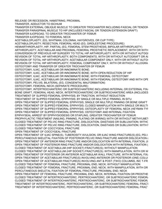 RELEASE OR RECESSION, HAMSTRING, PROXIMAL
TRANSFER, ADDUCTOR TO ISCHIUM
TRANSFER EXTERNAL OBLIQUE MUSCLE TO GREATER TROCHANTER INCLUDING FASCIAL OR TENDON EXTENSIO
TRANSFER PARASPINAL MUSCLE TO HIP (INCLUDES FASCIAL OR TENDON EXTENSION GRAFT)
TRANSFER ILIOPSOAS; TO GREATER TROCHANTER OF FEMUR
TRANSFER ILIOPSOAS; TO FEMORAL NECK
ACETABULOPLASTY; (EG, WHITMAN, COLONNA, HAYGROVES, OR CUP TYPE)
ACETABULOPLASTY; RESECTION, FEMORAL HEAD (EG, GIRDLESTONE PROCEDURE)
HEMIARTHROPLASTY, HIP, PARTIAL (EG, FEMORAL STEM PROSTHESIS, BIPOLAR ARTHROPLASTY)
ARTHROPLASTY, ACETABULAR AND PROXIMAL FEMORAL PROSTHETIC REPLACEMENT, WITH OR WITHOUT AUTO
CONVERSION OF PREVIOUS HIP SURGERY TO TOTAL HIP ARTHROPLASTY, WITH OR WITHOUT AUTOGRAFT OR AL
REVISION OF TOTAL HIP ARTHROPLASTY; BOTH COMPONENTS, WITH OR WITHOUT AUTOGRAFT OR ALLOGRAFT
REVISION OF TOTAL HIP ARTHROPLASTY; ACETABULAR COMPONENT ONLY, WITH OR WITHOUT AUTOGRAFT OR A
REVISION OF TOTAL HIP ARTHROPLASTY; FEMORAL COMPONENT ONLY, WITH OR WITHOUT ALLOGRAFT
OSTEOTOMY AND TRANSFER OF GREATER TROCHANTER OF FEMUR
OSTEOTOMY, ILIAC, ACETABULAR OR INNOMINATE BONE;
OSTEOTOMY, ILIAC, ACETABULAR OR INNOMINATE BONE; WITH OPEN REDUCTION OF HIP
OSTEOTOMY, ILIAC, ACETABULAR OR INNOMINATE BONE; WITH FEMORAL OSTEOTOMY
OSTEOTOMY, ILIAC, ACETABULAR OR INNOMINATE BONE; WITH FEMORAL OSTEOTOMY AND WITH OPEN REDUCT
OSTEOTOMY, PELVIS, BILATERAL (EG, CONGENITAL MALFORMATION)
OSTEOTOMY, FEMORAL NECK (SEPARATE PROCEDURE)
OSTEOTOMY, INTERTROCHANTERIC OR SUBTROCHANTERIC INCLUDING INTERNAL OR EXTERNAL FIXATION AND/
BONE GRAFT, FEMORAL HEAD, NECK, INTERTROCHANTERIC OR SUBTROCHANTERIC AREA (INCLUDES OBTAINING
TREATMENT OF SLIPPED FEMORAL EPIPHYSIS; BY TRACTION, WITHOUT REDUCTION
TREATMENT OF SLIPPED FEMORAL EPIPHYSIS; BY SINGLE OR MULTIPLE PINNING, IN SITU
OPEN TREATMENT OF SLIPPED FEMORAL EPIPHYSIS; SINGLE OR MULTIPLE PINNING OR BONE GRAFT (INCLUDES
OPEN TREATMENT OF SLIPPED FEMORAL EPIPHYSIS; CLOSED MANIPULATION WITH SINGLE OR MULTIPLE PINNIN
OPEN TREATMENT OF SLIPPED FEMORAL EPIPHYSIS; OSTEOPLASTY OF FEMORAL NECK (HEYMAN TYPE PROCED
OPEN TREATMENT OF SLIPPED FEMORAL EPIPHYSIS; OSTEOTOMY AND INTERNAL FIXATION
EPIPHYSEAL ARREST BY EPIPHYSIODESIS OR STAPLING, GREATER TROCHANTER OF FEMUR
PROPHYLACTIC TREATMENT (NAILING, PINNING, PLATING OR WIRING) WITH OR WITHOUT METHYLMETHACRYLAT
CLOSED TREATMENT OF PELVIC RING FRACTURE, DISLOCATION, DIASTASIS OR SUBLUXATION; WITHOUT MANIPU
CLOSED TREATMENT OF PELVIC RING FRACTURE, DISLOCATION, DIASTASIS OR SUBLUXATION; WITH MANIPULAT
CLOSED TREATMENT OF COCCYGEAL FRACTURE
OPEN TREATMENT OF COCCYGEAL FRACTURE
OPEN TREATMENT OF ILIAC SPINE(S), TUBEROSITY AVULSION, OR ILIAC WING FRACTURE(S) (EG, PELVIC FRACTU
PERCUTANEOUS SKELETAL FIXATION OF POSTERIOR PELVIC RING FRACTURE AND/OR DISLOCATION (INCLUDES
OPEN TREATMENT OF ANTERIOR RING FRACTURE AND/OR DISLOCATION WITH INTERNAL FIXATION, (INCLUDES P
OPEN TREATMENT OF POSTERIOR RING FRACTURE AND/OR DISLOCATION WITH INTERNAL FIXATION (INCLUDES
CLOSED TREATMENT OF ACETABULUM (HIP SOCKET) FRACTURE(S); WITHOUT MANIPULATION
CLOSED TREATMENT OF ACETABULUM (HIP SOCKET) FRACTURE(S); WITH MANIPULATION, WITH OR WITHOUT SK
OPEN TREATMENT OF POSTERIOR OR ANTERIOR ACETABULAR WALL FRACTURE, WITH INTERNAL FIXATION
OPEN TREATMENT OF ACETABULAR FRACTURE(S) INVOLVING ANTERIOR OR POSTERIOR (ONE) COLUMN, OR A FR
OPEN TREATMENT OF ACETABULAR FRACTURE(S) INVOLVING ANT & POST (TWO) COLUMNS, INC T-FRACTURE AN
CLOSED TREATMENT OF FEMORAL FRACTURE, PROXIMAL END, NECK; WITHOUT MANIPULATION
CLOSED TREATMENT OF FEMORAL FRACTURE, PROXIMAL END, NECK; WITH MANIPULATION, WITH OR WITHOUT S
PERCUTANEOUS SKELETAL FIXATION OF FEMORAL FRACTURE, PROXIMAL END, NECK
OPEN TREATMENT OF FEMORAL FRACTURE, PROXIMAL END, NECK, INTERNAL FIXATION OR PROSTHETIC REPLAC
CLOSED TREATMENT OF INTERTROCHANTERIC, PERTROCHANTERIC, OR SUBTROCHANTERIC FEMORAL FRACTU
CLOSED TREATMENT OF INTERTROCHANTERIC, PERTROCHANTERIC, OR SUBTROCHANTERIC FEMORAL FRACTU
TREATMENT OF INTERTROCHANTERIC, PERTROCHANTERIC, OR SUBTROCHANTERIC FEMORAL FRACTURE; WITH
TREATMENT OF INTERTROCHANTERIC, PERTROCHANTERIC, OR SUBTROCHANTERIC FEMORAL FRACTURE; WITH
 