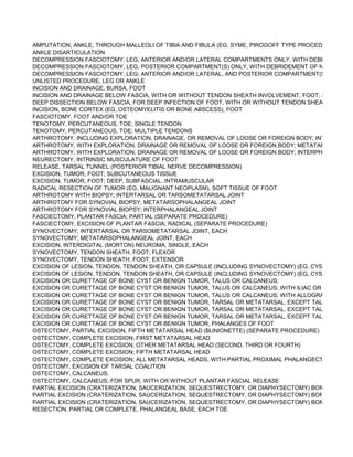 AMPUTATION, ANKLE, THROUGH MALLEOLI OF TIBIA AND FIBULA (EG, SYME, PIROGOFF TYPE PROCEDURES), WIT
ANKLE DISARTICULATION
DECOMPRESSION FASCIOTOMY, LEG; ANTERIOR AND/OR LATERAL COMPARTMENTS ONLY, WITH DEBRIDEMENT O
DECOMPRESSION FASCIOTOMY, LEG; POSTERIOR COMPARTMENT(S) ONLY, WITH DEBRIDEMENT OF NONVIABLE
DECOMPRESSION FASCIOTOMY, LEG; ANTERIOR AND/OR LATERAL, AND POSTERIOR COMPARTMENT(S), WITH DE
UNLISTED PROCEDURE, LEG OR ANKLE
INCISION AND DRAINAGE, BURSA, FOOT
INCISION AND DRAINAGE BELOW FASCIA, WITH OR WITHOUT TENDON SHEATH INVOLVEMENT, FOOT; SINGLE BUR
DEEP DISSECTION BELOW FASCIA, FOR DEEP INFECTION OF FOOT, WITH OR WITHOUT TENDON SHEATH INVOLV
INCISION, BONE CORTEX (EG, OSTEOMYELITIS OR BONE ABSCESS), FOOT
FASCIOTOMY, FOOT AND/OR TOE
TENOTOMY, PERCUTANEOUS, TOE; SINGLE TENDON
TENOTOMY, PERCUTANEOUS, TOE; MULTIPLE TENDONS
ARTHROTOMY, INCLUDING EXPLORATION, DRAINAGE, OR REMOVAL OF LOOSE OR FOREIGN BODY; INTERTARSAL
ARTHROTOMY, WITH EXPLORATION, DRAINAGE OR REMOVAL OF LOOSE OR FOREIGN BODY; METATARSOPHALAN
ARTHROTOMY, WITH EXPLORATION, DRAINAGE OR REMOVAL OF LOOSE OR FOREIGN BODY; INTERPHALANGEAL
NEURECTOMY, INTRINSIC MUSCULATURE OF FOOT
RELEASE, TARSAL TUNNEL (POSTERIOR TIBIAL NERVE DECOMPRESSION)
EXCISION, TUMOR, FOOT; SUBCUTANEOUS TISSUE
EXCISION, TUMOR, FOOT; DEEP, SUBFASCIAL, INTRAMUSCULAR
RADICAL RESECTION OF TUMOR (EG, MALIGNANT NEOPLASM), SOFT TISSUE OF FOOT
ARTHROTOMY WITH BIOPSY; INTERTARSAL OR TARSOMETATARSAL JOINT
ARTHROTOMY FOR SYNOVIAL BIOPSY; METATARSOPHALANGEAL JOINT
ARTHROTOMY FOR SYNOVIAL BIOPSY; INTERPHALANGEAL JOINT
FASCIECTOMY, PLANTAR FASCIA; PARTIAL (SEPARATE PROCEDURE)
FASCIECTOMY, EXCISION OF PLANTAR FASCIA; RADICAL (SEPARATE PROCEDURE)
SYNOVECTOMY; INTERTARSAL OR TARSOMETATARSAL JOINT, EACH
SYNOVECTOMY; METATARSOPHALANGEAL JOINT, EACH
EXCISION, INTERDIGITAL (MORTON) NEUROMA, SINGLE, EACH
SYNOVECTOMY, TENDON SHEATH, FOOT; FLEXOR
SYNOVECTOMY, TENDON SHEATH, FOOT; EXTENSOR
EXCISION OF LESION, TENDON, TENDON SHEATH, OR CAPSULE (INCLUDING SYNOVECTOMY) (EG, CYST OR GANG
EXCISION OF LESION, TENDON, TENDON SHEATH, OR CAPSULE (INCLUDING SYNOVECTOMY) (EG, CYST OR GANG
EXCISION OR CURETTAGE OF BONE CYST OR BENIGN TUMOR, TALUS OR CALCANEUS;
EXCISION OR CURETTAGE OF BONE CYST OR BENIGN TUMOR, TALUS OR CALCANEUS; WITH ILIAC OR OTHER AUT
EXCISION OR CURETTAGE OF BONE CYST OR BENIGN TUMOR, TALUS OR CALCANEUS; WITH ALLOGRAFT
EXCISION OR CURETTAGE OF BONE CYST OR BENIGN TUMOR, TARSAL OR METATARSAL, EXCEPT TALUS OR CAL
EXCISION OR CURETTAGE OF BONE CYST OR BENIGN TUMOR, TARSAL OR METATARSAL, EXCEPT TALUS OR CAL
EXCISION OR CURETTAGE OF BONE CYST OR BENIGN TUMOR, TARSAL OR METATARSAL, EXCEPT TALUS OR CAL
EXCISION OR CURETTAGE OF BONE CYST OR BENIGN TUMOR, PHALANGES OF FOOT
OSTECTOMY, PARTIAL EXCISION, FIFTH METATARSAL HEAD (BUNIONETTE) (SEPARATE PROCEDURE)
OSTECTOMY, COMPLETE EXCISION; FIRST METATARSAL HEAD
OSTECTOMY, COMPLETE EXCISION; OTHER METATARSAL HEAD (SECOND, THIRD OR FOURTH)
OSTECTOMY, COMPLETE EXCISION; FIFTH METATARSAL HEAD
OSTECTOMY, COMPLETE EXCISION; ALL METATARSAL HEADS, WITH PARTIAL PROXIMAL PHALANGECTOMY, EXCL
OSTECTOMY, EXCISION OF TARSAL COALITION
OSTECTOMY, CALCANEUS;
OSTECTOMY, CALCANEUS; FOR SPUR, WITH OR WITHOUT PLANTAR FASCIAL RELEASE
PARTIAL EXCISION (CRATERIZATION, SAUCERIZATION, SEQUESTRECTOMY, OR DIAPHYSECTOMY) BONE (EG, OST
PARTIAL EXCISION (CRATERIZATION, SAUCERIZATION, SEQUESTRECTOMY, OR DIAPHYSECTOMY) BONE (EG, OST
PARTIAL EXCISION (CRATERIZATION, SAUCERIZATION, SEQUESTRECTOMY, OR DIAPHYSECTOMY) BONE (EG, OST
RESECTION, PARTIAL OR COMPLETE, PHALANGEAL BASE, EACH TOE
 