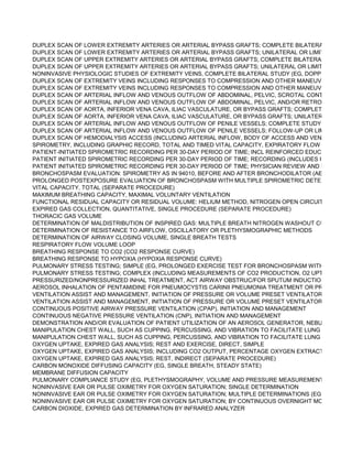 DUPLEX SCAN OF LOWER EXTREMITY ARTERIES OR ARTERIAL BYPASS GRAFTS; COMPLETE BILATERAL STUDY
DUPLEX SCAN OF LOWER EXTREMITY ARTERIES OR ARTERIAL BYPASS GRAFTS; UNILATERAL OR LIMITED STUDY
DUPLEX SCAN OF UPPER EXTREMITY ARTERIES OR ARTERIAL BYPASS GRAFTS; COMPLETE BILATERAL STUDY
DUPLEX SCAN OF UPPER EXTREMITY ARTERIES OR ARTERIAL BYPASS GRAFTS; UNILATERAL OR LIMITED STUDY
NONINVASIVE PHYSIOLOGIC STUDIES OF EXTREMITY VEINS, COMPLETE BILATERAL STUDY (EG, DOPPLER WAVEF
DUPLEX SCAN OF EXTREMITY VEINS INCLUDING RESPONSES TO COMPRESSION AND OTHER MANEUVERS; COMP
DUPLEX SCAN OF EXTREMITY VEINS INCLUDING RESPONSES TO COMPRESSION AND OTHER MANEUVERS; UNILA
DUPLEX SCAN OF ARTERIAL INFLOW AND VENOUS OUTFLOW OF ABDOMINAL, PELVIC, SCROTAL CONTENTS AND/
DUPLEX SCAN OF ARTERIAL INFLOW AND VENOUS OUTFLOW OF ABDOMINAL, PELVIC, AND/OR RETROPERITONEA
DUPLEX SCAN OF AORTA, INFERIOR VENA CAVA, ILIAC VASCULATURE, OR BYPASS GRAFTS; COMPLETE STUDY
DUPLEX SCAN OF AORTA, INFERIOR VENA CAVA, ILIAC VASCULATURE, OR BYPASS GRAFTS; UNILATERAL OR LIMI
DUPLEX SCAN OF ARTERIAL INFLOW AND VENOUS OUTFLOW OF PENILE VESSELS; COMPLETE STUDY
DUPLEX SCAN OF ARTERIAL INFLOW AND VENOUS OUTFLOW OF PENILE VESSELS; FOLLOW-UP OR LIMITED STUD
DUPLEX SCAN OF HEMODIALYSIS ACCESS (INCLUDING ARTERIAL INFLOW, BODY OF ACCESS AND VENOUS OUTFL
SPIROMETRY, INCLUDING GRAPHIC RECORD, TOTAL AND TIMED VITAL CAPACITY, EXPIRATORY FLOW RATE MEAS
PATIENT-INITIATED SPIROMETRIC RECORDING PER 30-DAY PERIOD OF TIME; INCL REINFORCED EDUC, TRANSMIS
PATIENT INITIATED SPIROMETRIC RECORDING PER 30-DAY PERIOD OF TIME; RECORDING (INCLUDES HOOK-UP, R
PATIENT INITIATED SPIROMETRIC RECORDING PER 30-DAY PERIOD OF TIME; PHYSICIAN REVIEW AND INTERPRET
BRONCHOSPASM EVALUATION: SPIROMETRY AS IN 94010, BEFORE AND AFTER BRONCHODILATOR (AEROSOL OR
PROLONGED POSTEXPOSURE EVALUATION OF BRONCHOSPASM WITH MULTIPLE SPIROMETRIC DETERMINATION
VITAL CAPACITY, TOTAL (SEPARATE PROCEDURE)
MAXIMUM BREATHING CAPACITY, MAXIMAL VOLUNTARY VENTILATION
FUNCTIONAL RESIDUAL CAPACITY OR RESIDUAL VOLUME: HELIUM METHOD, NITROGEN OPEN CIRCUIT METHOD,
EXPIRED GAS COLLECTION, QUANTITATIVE, SINGLE PROCEDURE (SEPARATE PROCEDURE)
THORACIC GAS VOLUME
DETERMINATION OF MALDISTRIBUTION OF INSPIRED GAS: MULTIPLE BREATH NITROGEN WASHOUT CURVE INCLU
DETERMINATION OF RESISTANCE TO AIRFLOW, OSCILLATORY OR PLETHYSMOGRAPHIC METHODS
DETERMINATION OF AIRWAY CLOSING VOLUME, SINGLE BREATH TESTS
RESPIRATORY FLOW VOLUME LOOP
BREATHING RESPONSE TO CO2 (CO2 RESPONSE CURVE)
BREATHING RESPONSE TO HYPOXIA (HYPOXIA RESPONSE CURVE)
PULMONARY STRESS TESTING; SIMPLE (EG, PROLONGED EXERCISE TEST FOR BRONCHOSPASM WITH PRE- AND
PULMONARY STRESS TESTING; COMPLEX (INCLUDING MEASUREMENTS OF CO2 PRODUCTION, O2 UPTAKE, AND E
PRESSURIZED/NONPRESSURIZED INHAL TREATMENT, ACT AIRWAY OBSTRUC/FOR SPUTUM INDUCTION, DIAG PUR
AEROSOL INHALATION OF PENTAMIDINE FOR PNEUMOCYSTIS CARINII PNEUMONIA TREATMENT OR PROPHYLAXIS
VENTILATION ASSIST AND MANAGEMENT, INITIATION OF PRESSURE OR VOLUME PRESET VENTILATORS FOR ASS
VENTILATION ASSIST AND MANAGEMENT, INITIATION OF PRESSURE OR VOLUME PRESET VENTILATORS FOR ASS
CONTINUOUS POSITIVE AIRWAY PRESSURE VENTILATION (CPAP), INITIATION AND MANAGEMENT
CONTINUOUS NEGATIVE PRESSURE VENTILATION (CNP), INITIATION AND MANAGEMENT
DEMONSTRATION AND/OR EVALUATION OF PATIENT UTILIZATION OF AN AEROSOL GENERATOR, NEBULIZER, MET
MANIPULATION CHEST WALL, SUCH AS CUPPING, PERCUSSING, AND VIBRATION TO FACILITATE LUNG FUNCTION;
MANIPULATION CHEST WALL, SUCH AS CUPPING, PERCUSSING, AND VIBRATION TO FACILITATE LUNG FUNCTION;
OXYGEN UPTAKE, EXPIRED GAS ANALYSIS; REST AND EXERCISE, DIRECT, SIMPLE
OXYGEN UPTAKE, EXPIRED GAS ANALYSIS; INCLUDING CO2 OUTPUT, PERCENTAGE OXYGEN EXTRACTED
OXYGEN UPTAKE, EXPIRED GAS ANALYSIS; REST, INDIRECT (SEPARATE PROCEDURE)
CARBON MONOXIDE DIFFUSING CAPACITY (EG, SINGLE BREATH, STEADY STATE)
MEMBRANE DIFFUSION CAPACITY
PULMONARY COMPLIANCE STUDY (EG, PLETHYSMOGRAPHY, VOLUME AND PRESSURE MEASUREMENTS)
NONINVASIVE EAR OR PULSE OXIMETRY FOR OXYGEN SATURATION; SINGLE DETERMINATION
NONINVASIVE EAR OR PULSE OXIMETRY FOR OXYGEN SATURATION; MULTIPLE DETERMINATIONS (EG, DURING E
NONINVASIVE EAR OR PULSE OXIMETRY FOR OXYGEN SATURATION; BY CONTINUOUS OVERNIGHT MONITORING
CARBON DIOXIDE, EXPIRED GAS DETERMINATION BY INFRARED ANALYZER
 