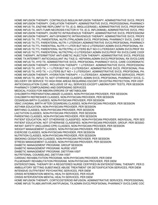 HOME INFUSION THERAPY, CONTINUOUS INSULIN INFUSION THERAPY; ADMINISTRATIVE SVCS, PROFESSIONAL P
HOME INFUSION THERAPY, CHELATION THERAPY; ADMINISTRATIVE SVCS, PROFESSIONAL PHARMACY SVCS, CAR
HOME INFUS TX, ENZYME REPLCMNT IV TX; (E.G. IMIGLUCERASE); ADMINISTRATIVE SVCS, PROFSIONAL PHARMAC
HOME INFUS TX, ANTI-TUMR NECROSIS FACTOR IV TX; (E.G. INFLIXIMAB); ADMINISTRATIVE SVCS, PROFSIONAL PH
HOME INFUSION THERAPY, DIURETIC INTRAVENOUS THERAPY; ADMINISTRATIVE SVCS, PROFESSIONAL PHARMAC
HOME INFUSION THERAPY, ANTI-SPASMOTIC INTRAVENOUS THERAPY; ADMINISTRATIVE SVCS, PROFESSIONAL P
HOME INFUS TX, TTL PARENTERAL NUTR (TPN);ADMIN SVCS, PROFSIONAL PHARMACY SVCS, CARE COORDINATIO
HOME INFUS TX,TTL PARENTERAL NUTR;1 LITER/DAY,ADMINISTRATIVE SVCS,PROFSIONAL PHARMACY SVCS,CAR
HOME INFUS TX,TTL PARENTRAL NUTR;>1 LITER BUT NO>2 LITERS/DAY,ADMIN SVCS,PROFSIONAL RX SVCS,CARE
HOME INFUS TX,TTL PARENTERAL NUTR(TPN);>2 LITERS BUT NO>3 LITERS/DAY,ADMIN SVCS,PROF RX SVCS, CAR
HOME INFUS TX,TTL PARENTERAL NUTR(TPN);>3 LITERS/DAY,ADMIN SVCS,PROF RX SVCS,CARE COORDINATION,S
HOME THERAPY, INTERMITTENT ANTI-EMETIC INJECTION THERAPY; ADMINISTRATIVE SVCS, PROFESSIONAL PHAR
HOME TX;INTERMITT ANTICOAGULANT INJ TX(E.G. HEPARIN);ADMIN SVCS,PROFSIONAL RX SVCS,CARE COORDINA
HOME INFUS TX, HYD TX; ADMINISTRATIVE SVCS, PROFSIONAL PHARMACY SVCS, CARE COORDINATION,SUP&EQU
HOME INFUSION THERAPY, HYDRATION THERAPY; 1 LITER/DAY, ADMINISTRATIVE SVCS, PROFESSIONAL PHARMA
HOME INFUS TX, HYD TX; > 1 LITER BUT NO > 2 LITERS/DAY, ADMINISTRATIVE SVCS, PROFSIONAL PHARMACY SVC
HOME INFUS TX, HYD TX; > 2 LITERS BUT NO > 3 LITERS/DAY, ADMINISTRATIVE SVCS, PROFSIONAL PHARMACY SV
HOME INFUSION THERAPY, HYDRATION THERAPY; > 3 LITERS/DAY, ADMINISTRATIVE SERVICES, PROFESSIONAL P
HOME INFUS TX, INFUS TX, NOT OTHRWISE CLASSFD; ADMIN SVCS, PROFSIONAL PHARMACY SVCS, CARE COORD
DELIVERY OR SERVICE TO HIGH RISK AREAS REQUIRING ESCORT OR EXTRA PROTECTION, PER VISIT
ANTICOAGULATION CLINIC, INCLUSIVE OF ALL SERVICES EXCEPT LABORATORY TESTS, PER SESSION
PHARMACY COMPOUNDING AND DISPENSING SERVICES
MEDICAL FOODS FOR INBORN ERRORS OF METABOLISM
CHILDBIRTH PREPARATION/LAMAZE CLASSES, NON-PHYSICIAN PROVIDER, PER SESSION
CHILDBIRTH REFRESHER CLASSES, NON-PHYSICIAN PROVIDER, PER SESSION
CESAREAN BIRTH CLASSES, NON-PHYSICIAN PROVIDER, PER SESSION
VBAC (VAGINAL BIRTH AFTER CESAREAN) CLASSES, NON-PHYSICIAN PROVIDER, PER SESSION
ASTHMA EDUCATION, NON-PHYSICIAN PROVIDER, PER SESSION
BIRTHING CLASSES, NON-PHYSICIAN PROVIDER, PER SESSION
LACTATION CLASSES, NON-PHYSICIAN PROVIDER, PER SESSION
PARENTING CLASSES, NON-PHYSICIAN PROVIDER, PER SESSION
PATIENT EDUCATION, NOT OTHERWISE CLASSIFIED, NON-PHYSICIAN PROVIDER, INDIVIDUAL, PER SESSION
PATIENT EDUCATION, NOT OTHERWISE CLASSIFIED, NON-PHYSICIAN PROVIDER, GROUP, PER SESSION
INFANT SAFETY (INCLUDING CPR) CLASSES, NON-PHYSICIAN PROVIDER, PER SESSION
WEIGHT MANAGEMENT CLASSES, NON-PHYSICIAN PROVIDER, PER SESSION
EXERCISE CLASSES, NON-PHYSICIAN PROVIDER, PER SESSION
NUTRITION CLASSES, NON-PHYSICIAN PROVIDER, PER SESSION
SMOKING CESSATION CLASSES, NON-PHYSICIAN PROVIDER, PER SESSION
STRESS MANAGEMENT CLASSES, NON-PHYSICIAN PROVIDER, PER SESSION
DIABETIC MANAGEMENT PROGRAM, GROUP SESSION
DIABETIC MANAGEMENT PROGRAM, NURSE VISIT
DIABETIC MANAGEMENT PROGRAM, DIETITIAN VISIT
NUTRITIONAL COUNSELING, DIETITIAN VISIT
CARDIAC REHABILITATION PROGRAM, NON-PHYSICIAN PROVIDER, PER DIEM
PULMONARY REHABILITATION PROGRAM, NON-PHYSICIAN PROVIDER, PER DIEM
ENTEROSTOMAL THERAPY BY A REGISTERED NURSE CERTIFIED IN ENTEROSTOMAL THERAPY, PER DIEM
AMBULATORY SETTING SUBSTANCE ABUSE TREATMENT OR DETOXIFICATION SERVICES, PER DIEM
INTENSIVE OUTPATIENT PSYCHIATRIC SERVICES, PER DIEM
CRISIS INTERBENTION MENTAL HEALTH SERVICES, PER HOUR
CRISIS INTERVENTION MENTAL HEALTH SERVICES, PER DIEM
HOME INFUSION THERAPY, CORTICOSTEROID INFUSION; ADMINISTRATIVE SERVICES, PROFESSIONAL PHARMACY
HOME INFUS TX,ABX,ANTIVIR,/ANTIFUNGAL TX;ADMIN SVCS,PROFSIONAL PHARMACY SVCS,CARE COORDINATION
 