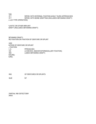 MALAR TRIPOD
          RT              RIPOD; WITH INTERNAL FIXATION & MULT SURG APPROACHES
          RT              RIPOD; WITH BONE GRAFTING (INCLUDES OBTAINING GRAFT)
(CALDWELL-LUC TYPE OPERATION)


WITH ALLOPLASTIC OR OTHER IMPLANT
WITH BONE GRAFT (INCLUDES OBTAINING GRAFT)




 INCLUDES OBTAINING GRAFT)
RDENTAL WIRE FIXATION OR FIXATION OF DENTURE OR SPLINT

          HES
AL WIRE FIXATION OF DENTURE OR SPLINT
R INTERNAL FIXATION
          LA               PPROACHES
          HA               LO DEVICE, AND/OR INTERMAXILLARY FIXATION)
          INC              LUDES OBTAINING GRAFT)
RATE PROCEDURE)
TE PROCEDURE)




          ING              OF DENTURES OR SPLINTS

          QUE              NT




ORAX; WITH PARTIAL RIB OSTECTOMY
SCESS), THORAX
 