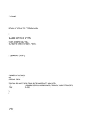 NDON LENGTHENING




ITHOUT REMOVAL OF LOOSE OR FOREIGN BODY


D/OR ANKLE

OGRAFT (INCLUDES OBTAINING GRAFT)

STEOMYELITIS OR EXOSTOSIS); TIBIA
 , FOR OSTEOMYELITIS OR EXOSTOSIS); FIBULA




T (INCLUDES OBTAINING GRAFT)




HROUGH SEPARATE INCISION(S))
 PROCEDURE)
 GH SAME INCISION), EACH

TING); SUPERFICIAL (EG, ANTERIOR TIBIAL EXTENSORS INTO MIDFOOT)
           ,F                LX HALLICUS LNG, OR PERONEAL TENDON TO MIDFT/HINDFT)
           OCE               DURE)

 LIGAMENTS
ROCEDURE)




PE PROCEDURE)
 