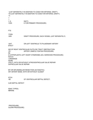 VEIN GRAFT (LIST SEPARATELY IN ADDITION TO CODE FOR ARTERIAL GRAFT)
NOUS GRAFTS (LIST SEPARATELY IN ADDITION TO CODE FOR ARTERIAL GRAFT)
          T)
          )
          )
          LG                 RAFT)
          COD                E FOR PRIMARY PROCEDURE)



TERIAL GRAFTS

 DIAL RESECTION
           ASS             GRAFT PROCEDURE, EACH VESSEL (LIST SEPARATELY)



          GHT              OR LEFT VENTRICLE TO PULMONARY ARTERY
R SEPTAL DEFECT

 ; WITH REPAIR OF RIGHT VENTRICULAR OUTFLOW TRACT OBSTRUCTION
           RY                ARTERY (SIMPLE FONTAN PROCEDURE)
N PROCEDURE
 HYPOPLASIA (HYPOPLASTIC LEFT HEART SYNDROME) (EG, NORWOOD PROCEDURE)
R WITHOUT PATCH
 RY VENOUS DRAINAGE
 PATCH CLOSURE
L SEPTAL DEFECT), WITH OR WITHOUT ATRIOVENTRICULAR VALVE REPAIR
OUT ATRIOVENTRICULAR VALVE REPAIR


 Y VALVOTOMY OR INFUNDIBULAR RESECTION (ACYANOTIC)
OF PULMONARY ARTERY BAND, WITH OR WITHOUT GUSSET


ANNULAR PATCH
         RE                OF VENTRICULAR SEPTAL DEFECT;

F VENTRICULAR SEPTAL DEFECT


R INFRACARDIAC TYPES)
ATRIAL MEMBRANE




CAL GLENN PROCEDURE)
RECTIONAL GLENN PROCEDURE)
 