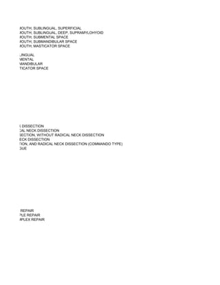 FLOOR OF MOUTH; SUBLINGUAL, SUPERFICIAL
FLOOR OF MOUTH; SUBLINGUAL, DEEP, SUPRAMYLOHYOID
FLOOR OF MOUTH; SUBMENTAL SPACE
FLOOR OF MOUTH; SUBMANDIBULAR SPACE
FLOOR OF MOUTH; MASTICATOR SPACE

OUTH; SUBLINGUAL
OUTH; SUBMENTAL
OUTH; SUBMANDIBULAR
OUTH; MASTICATOR SPACE




 DICAL NECK DISSECTION
 ERAL RADICAL NECK DISSECTION
 IBULAR RESECTION, WITHOUT RADICAL NECK DISSECTION
 RAHYOID NECK DISSECTION
LAR RESECTION, AND RADICAL NECK DISSECTION (COMMANDO TYPE)
 DS OF TONGUE




S; WITHOUT REPAIR
S; WITH SIMPLE REPAIR
S; WITH COMPLEX REPAIR
 
