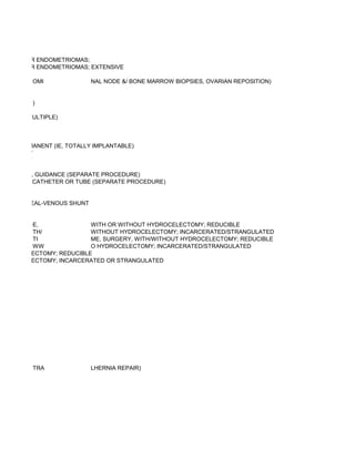 R CYSTS OR ENDOMETRIOMAS;
R CYSTS OR ENDOMETRIOMAS; EXTENSIVE

          OMI               NAL NODE &/ BONE MARROW BIOPSIES, OVARIAN REPOSITION)


          )

NGLE OR MULTIPLE)



VOIR, PERMANENT (IE, TOTALLY IMPLANTABLE)
EMPORARY
ERMANENT

DIOLOGICAL GUIDANCE (SEPARATE PROCEDURE)
 DRAINAGE CATHETER OR TUBE (SEPARATE PROCEDURE)


D PERITONEAL-VENOUS SHUNT


        E,               WITH OR WITHOUT HYDROCELECTOMY; REDUCIBLE
        TH/              WITHOUT HYDROCELECTOMY; INCARCERATED/STRANGULATED
        TI               ME, SURGERY, WITH/WITHOUT HYDROCELECTOMY; REDUCIBLE
        WW               O HYDROCELECTOMY; INCARCERATED/STRANGULATED
HYDROCELECTOMY; REDUCIBLE
HYDROCELECTOMY; INCARCERATED OR STRANGULATED




          TRA               LHERNIA REPAIR)
 