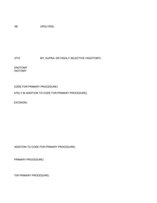 NE               UROLYSIS)




          OTO              MY, SUPRA- OR HIGHLY SELECTIVE VAGOTOMY)


DDUCTOR TENOTOMY
DDUCTOR TENOTOMY




DDITION TO CODE FOR PRIMARY PROCEDURE)

LIST SEPARATELY IN ADDITION TO CODE FOR PRIMARY PROCEDURE)


 NEUROMA EXCISION)




ARATELY IN ADDITION TO CODE FOR PRIMARY PROCEDURE)



CODE FOR PRIMARY PROCEDURE)




N TO CODE FOR PRIMARY PROCEDURE)
 