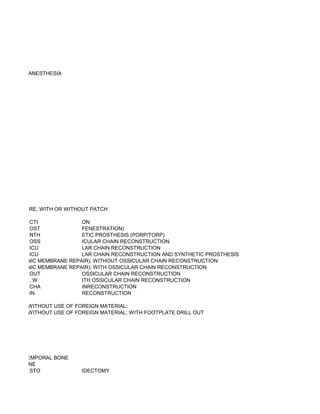 G GENERAL ANESTHESIA




FOR CLOSURE, WITH OR WITHOUT PATCH

          CTI             ON
          OST             FENESTRATION)
          NTH             ETIC PROSTHESIS (PORP/TORP)
          OSS             ICULAR CHAIN RECONSTRUCTION
          ICU             LAR CHAIN RECONSTRUCTION
          ICU             LAR CHAIN RECONSTRUCTION AND SYNTHETIC PROSTHESIS
RY, TYMPANIC MEMBRANE REPAIR); WITHOUT OSSICULAR CHAIN RECONSTRUCTION
RY, TYMPANIC MEMBRANE REPAIR); WITH OSSICULAR CHAIN RECONSTRUCTION
          OUT             OSSICULAR CHAIN RECONSTRUCTION
          ,W              ITH OSSICULAR CHAIN RECONSTRUCTION
          CHA             INRECONSTRUCTION
          IN              RECONSTRUCTION

Y, WITH OR WITHOUT USE OF FOREIGN MATERIAL;
Y, WITH OR WITHOUT USE OF FOREIGN MATERIAL; WITH FOOTPLATE DRILL OUT




DEVICE IN TEMPORAL BONE
MPORAL BONE
            STO            IDECTOMY
 