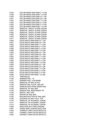 11424   EXC B9+MARG HND DIAM 3.1-4 CM
11426   EXC B9+MARG HND DIAM > 4.0 CM
11440   EXC B9+MARG EAR DIAM 0.5 < CM
11441   EXC B9+MARG EAR DIAM 0.6-1 CM
11442   EXC B9+MARG EAR DIAM 1.1-2 CM
11443   EXC B9+MARG EAR DIAM 2.1-3 CM
11444   EXC B9+MARG EAR DIAM 3.1-4 CM
11446   EXC B9+MARG ARM DIAM > 4.0 CM
11450   REMOVAL, SWEAT GLAND LESION
11451   REMOVAL, SWEAT GLAND LESION
11462   REMOVAL, SWEAT GLAND LESION
11463   REMOVAL, SWEAT GLAND LESION
11470   REMOVAL, SWEAT GLAND LESION
11471   REMOVAL, SWEAT GLAND LESION
11600   EXCIS MALIG ARM DIAM 0.5 < CM
11601   EXCIS MALIG ARM DIAM 0.6-1 CM
11602   EXCIS MALIG ARM DIAM 1.1-2 CM
11603   EXCIS MALIG ARM DIAM 2.1-3 CM
11604   EXCIS MALIG ARM DIAM 3.1-4 CM
11606   EXCIS MALIG ARM DIAM > 4.0 CM
11620   EXCIS MALIG HND DIAM 0.5 < CM
11621   EXCIS MALIG HND DIAM 0.6-1 CM
11622   EXCIS MALIG HND DIAM 1.1-2 CM
11623   EXCIS MALIG HND DIAM 2.1-3 CM
11624   EXCIS MALIG HND DIAM 3.1-4 CM
11626   EXCIS MALIG HND DIAM > 4.0 CM
11640   EXCIS MALIG EAR DIAM 0.5 < CM
11641   EXCIS MALIG EAR DIAM 0.6-1 CM
11642   EXCIS MALIG EAR DIAM 1.1-2 CM
11643   EXCIS MALIG EAR DIAM 2.1-3 CM
11644   EXCIS MALIG EAR DIAM 3.1-4 CM
11646   EXCIS MALIG EAR DIAM > 4.0 CM
11719   TRIM NAIL(S)
11720   DEBRIDE NAIL, 1-5
11721   DEBRIDE NAIL, 6 OR MORE
11730   REMOVAL OF NAIL PLATE
11732   REMOVE NAIL PLATE, ADD-ON
11740   DRAIN BLOOD FROM UNDER NAIL
11750   REMOVAL OF NAIL BED
11752   REMOVE NAIL BED/FINGER TIP
11755   BIOPSY, NAIL UNIT
11760   REPAIR OF NAIL BED
11762   RECONSTRUCTION OF NAIL BED
11765   EXCISION OF NAIL FOLD, TOE
11770   REMOVAL OF PILONIDAL LESION
11771   REMOVAL OF PILONIDAL LESION
11772   REMOVAL OF PILONIDAL LESION
11900   INJECTION INTO SKIN LESIONS
11901   ADDED SKIN LESIONS INJECTION
11920   CORRECT SKIN COLOR DEFECTS
11921   CORRECT SKIN COLOR DEFECTS
11922   CORRECT SKIN COLOR DEFECTS
 