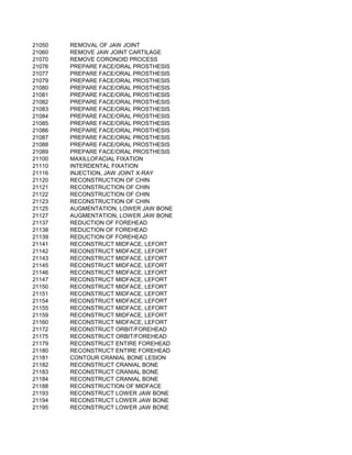 21050   REMOVAL OF JAW JOINT
21060   REMOVE JAW JOINT CARTILAGE
21070   REMOVE CORONOID PROCESS
21076   PREPARE FACE/ORAL PROSTHESIS
21077   PREPARE FACE/ORAL PROSTHESIS
21079   PREPARE FACE/ORAL PROSTHESIS
21080   PREPARE FACE/ORAL PROSTHESIS
21081   PREPARE FACE/ORAL PROSTHESIS
21082   PREPARE FACE/ORAL PROSTHESIS
21083   PREPARE FACE/ORAL PROSTHESIS
21084   PREPARE FACE/ORAL PROSTHESIS
21085   PREPARE FACE/ORAL PROSTHESIS
21086   PREPARE FACE/ORAL PROSTHESIS
21087   PREPARE FACE/ORAL PROSTHESIS
21088   PREPARE FACE/ORAL PROSTHESIS
21089   PREPARE FACE/ORAL PROSTHESIS
21100   MAXILLOFACIAL FIXATION
21110   INTERDENTAL FIXATION
21116   INJECTION, JAW JOINT X-RAY
21120   RECONSTRUCTION OF CHIN
21121   RECONSTRUCTION OF CHIN
21122   RECONSTRUCTION OF CHIN
21123   RECONSTRUCTION OF CHIN
21125   AUGMENTATION, LOWER JAW BONE
21127   AUGMENTATION, LOWER JAW BONE
21137   REDUCTION OF FOREHEAD
21138   REDUCTION OF FOREHEAD
21139   REDUCTION OF FOREHEAD
21141   RECONSTRUCT MIDFACE, LEFORT
21142   RECONSTRUCT MIDFACE, LEFORT
21143   RECONSTRUCT MIDFACE, LEFORT
21145   RECONSTRUCT MIDFACE, LEFORT
21146   RECONSTRUCT MIDFACE, LEFORT
21147   RECONSTRUCT MIDFACE, LEFORT
21150   RECONSTRUCT MIDFACE, LEFORT
21151   RECONSTRUCT MIDFACE, LEFORT
21154   RECONSTRUCT MIDFACE, LEFORT
21155   RECONSTRUCT MIDFACE, LEFORT
21159   RECONSTRUCT MIDFACE, LEFORT
21160   RECONSTRUCT MIDFACE, LEFORT
21172   RECONSTRUCT ORBIT/FOREHEAD
21175   RECONSTRUCT ORBIT/FOREHEAD
21179   RECONSTRUCT ENTIRE FOREHEAD
21180   RECONSTRUCT ENTIRE FOREHEAD
21181   CONTOUR CRANIAL BONE LESION
21182   RECONSTRUCT CRANIAL BONE
21183   RECONSTRUCT CRANIAL BONE
21184   RECONSTRUCT CRANIAL BONE
21188   RECONSTRUCTION OF MIDFACE
21193   RECONSTRUCT LOWER JAW BONE
21194   RECONSTRUCT LOWER JAW BONE
21195   RECONSTRUCT LOWER JAW BONE
 