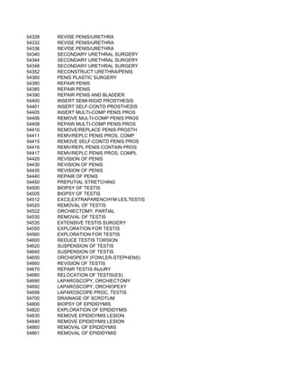 54328   REVISE PENIS/URETHRA
54332   REVISE PENIS/URETHRA
54336   REVISE PENIS/URETHRA
54340   SECONDARY URETHRAL SURGERY
54344   SECONDARY URETHRAL SURGERY
54348   SECONDARY URETHRAL SURGERY
54352   RECONSTRUCT URETHRA/PENIS
54360   PENIS PLASTIC SURGERY
54380   REPAIR PENIS
54385   REPAIR PENIS
54390   REPAIR PENIS AND BLADDER
54400   INSERT SEMI-RIGID PROSTHESIS
54401   INSERT SELF-CONTD PROSTHESIS
54405   INSERT MULTI-COMP PENIS PROS
54406   REMOVE MULTI-COMP PENIS PROS
54408   REPAIR MULTI-COMP PENIS PROS
54410   REMOVE/REPLACE PENIS PROSTH
54411   REMV/REPLC PENIS PROS, COMP
54415   REMOVE SELF-CONTD PENIS PROS
54416   REMV/REPL PENIS CONTAIN PROS
54417   REMV/REPLC PENIS PROS, COMPL
54420   REVISION OF PENIS
54430   REVISION OF PENIS
54435   REVISION OF PENIS
54440   REPAIR OF PENIS
54450   PREPUTIAL STRETCHING
54500   BIOPSY OF TESTIS
54505   BIOPSY OF TESTIS
54512   EXCS,EXTRAPARENCHYM LES,TESTIS
54520   REMOVAL OF TESTIS
54522   ORCHIECTOMY, PARTIAL
54530   REMOVAL OF TESTIS
54535   EXTENSIVE TESTIS SURGERY
54550   EXPLORATION FOR TESTIS
54560   EXPLORATION FOR TESTIS
54600   REDUCE TESTIS TORSION
54620   SUSPENSION OF TESTIS
54640   SUSPENSION OF TESTIS
54650   ORCHIOPEXY (FOWLER-STEPHENS)
54660   REVISION OF TESTIS
54670   REPAIR TESTIS INJURY
54680   RELOCATION OF TESTIS(ES)
54690   LAPAROSCOPY, ORCHIECTOMY
54692   LAPAROSCOPY, ORCHIOPEXY
54699   LAPAROSCOPE PROC, TESTIS
54700   DRAINAGE OF SCROTUM
54800   BIOPSY OF EPIDIDYMIS
54820   EXPLORATION OF EPIDIDYMIS
54830   REMOVE EPIDIDYMIS LESION
54840   REMOVE EPIDIDYMIS LESION
54860   REMOVAL OF EPIDIDYMIS
54861   REMOVAL OF EPIDIDYMIS
 