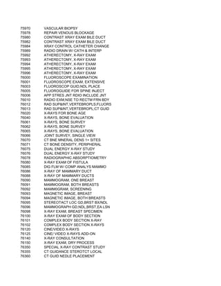 75970   VASCULAR BIOPSY
75978   REPAIR VENOUS BLOCKAGE
75980   CONTRAST XRAY EXAM BILE DUCT
75982   CONTRAST XRAY EXAM BILE DUCT
75984   XRAY CONTROL CATHETER CHANGE
75989   RADIO DRAIN W/ CATH & INTERP
75992   ATHERECTOMY, X-RAY EXAM
75993   ATHERECTOMY, X-RAY EXAM
75994   ATHERECTOMY, X-RAY EXAM
75995   ATHERECTOMY, X-RAY EXAM
75996   ATHERECTOMY, X-RAY EXAM
76000   FLUOROSCOPE EXAMINATION
76001   FLUOROSCOPE EXAM, EXTENSIVE
76003   FLUOROSCOP GUID,NDL PLACE
76005   FLUOROGUIDE FOR SPINE INJECT
76006   APP STRES JNT RDIO INCLUDE JNT
76010   RADIO EXM,NSE TO RECTM FRN BDY
76012   RAD SUP&INT,VERTEBROPLS;FLUORS
76013   RAD SUP&INT,VERTEBROPL;CT GUID
76020   X-RAYS FOR BONE AGE
76040   X-RAYS, BONE EVALUATION
76061   X-RAYS, BONE SURVEY
76062   X-RAYS, BONE SURVEY
76065   X-RAYS, BONE EVALUATION
76066   JOINT SURVEY, SINGLE VIEW
76070   CT BNE MNERAL DENS 1+ SITES
76071   CT BONE DENSITY, PERIPHERAL
76075   DUAL ENERGY X-RAY STUDY
76076   DUAL ENERGY X-RAY STUDY
76078   RADIOGRAPHIC ABSORPTIOMETRY
76080   X-RAY EXAM OF FISTULA
76085   DIG FLM W/ COMP ANALYS MAMMO
76086   X-RAY OF MAMMARY DUCT
76088   X-RAY OF MAMMARY DUCTS
76090   MAMMOGRAM, ONE BREAST
76091   MAMMOGRAM, BOTH BREASTS
76092   MAMM0GRAM, SCREENING
76093   MAGNETIC IMAGE, BREAST
76094   MAGNETIC IMAGE, BOTH BREASTS
76095   STEREOTACT LOC GD,BRST BX/NDL
76096   MAMMOGRAPH GD,NDL,BRST,EA LSN
76098   X-RAY EXAM, BREAST SPECIMEN
76100   X-RAY EXAM OF BODY SECTION
76101   COMPLEX BODY SECTION X-RAY
76102   COMPLEX BODY SECTION X-RAYS
76120   CINE/VIDEO X-RAYS
76125   CINE/ VIDEO X-RAYS ADD-ON
76140   X-RAY CONSULTATION
76150   X-RAY EXAM, DRY PROCESS
76350   SPECIAL X-RAY CONTRAST STUDY
76355   CT GUIDANCE STEROTCT LOCAL
76360   CT GUID NEDLE PLACEMENT
 