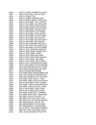 L5630   ADD LE, SYMES, EXPAND WALLSCKT
L5631   ADD LE ABV KNEE, ACRYLIC SCKT
L5632   ADD LE, SYMES TYPE
L5634   ADD LE, SYMES CANADIAN SCKT
L5636   ADD LE SYMES, MEDIAL OPEN SCKT
L5637   ADD LE, BLW KNEE, TOTL CONTACT
L5638   ADD LE, BLW KNEE, LEATHR SOCKT
L5639   ADD LE, BLW KNEE, WOOD SOCKET
L5640   ADD LE KNEE DISART LEATHR SCKT
L5642   ADD LE, ABV KNEE, LEATHR SOCKT
L5643   ADD LE HIP DISARTC, EXT FRAME
L5644   ADD LE, ABV KNEE, WOOD SOCKET
L5645   ADD LE, BLW KNEE, FLX EXT FRME
L5646   ADD LE, BLW KNEE, AIR CUSHION
L5647   ADD LE, BLW KNEE SUCTION SOCKT
L5648   ADD LE, ABV KNEE, AIR CUSHION
L5649   ADD LE, ISCH CONTNMT NAR SCKT
L5650   ADD LE TOT CNTCT ABV KNEE SCKT
L5651   ADD LE ABV KNEE FLX EXTN FRAME
L5652   ADD LE, SUCT SUSP ABV KNEE/DIS
L5653   ADD LE, KNEE DISART EXPND SCKT
L5654   ADD LE, SCKT INSRT, SYMES
L5655   ADD LE, SCKT INSRT BLW KNEE
L5656   ADD LE SCKT INSRT KNEE DISARTC
L5658   ADD LE, SCKT INSRT, ABV KNEE
L5661   ADD LE, SCKT INSRT, MULTI-DURO
L5665   ADD LE, MULTI-DUROMTR BLW KNEE
L5666   ADD LE, BLW KNEE CUFF SUSPENSN
L5668   AD LE BLW KNE MOLD DISTL CUSHN
L5670   BLW KNEE SUPRACONDYLAR SUSP
L5671   BK/AK LOCKING MECHANISM
L5672   BLW KNEE REMOV MEDIALBRIM SUSP
L5674   ADD LOW EXTRM,ANY MATERIAL,EA
L5675   ADD LOW EXTRM,HVY DTY,ANY MATL
L5676   BLW KNEE, KNEE JOINTS, 1 AXIS
L5677   BLW KNEE, KNEE JNTS POLYCENTRC
L5678   ADD LE, BLW KNEE, JOINT COVERS
L5680   BLW KNEE, THIGH LACER NON-MOLD
L5682   BLW KNEE, LACER,GLUTEAL, MOLD
L5684   ADD LE, BLW KNEE, FORK STRAP
L5686   ADD LE, BLW KNEE, BACK CHECK
L5688   BLW KNEE, WAIST BELT, WEBBING
L5690   BLW KNEE WAIST BELT, PAD&LINED
L5692   ABV KNEE, PELVIC CTRL BELT, LT
L5694   ABV KNEE, PELV CTRL BELT, PAD
L5695   ABV KNE PELV CTRL SLEVE NEOPRN
L5696   ABV KNEE/DISARTC, PELVIC JNT
L5697   ABV KNEE/DISARTC, PELVIC BAND
L5698   ABV KNEE/DISARTC, SILESIAN BND
L5699   ALL LE PROST, SHOULDER HARNESS
L5700   REPLCMT, SCKT, BLW KNEE, MOLD
L5701   REPL, SCKT ABV KNEE ATTCH PLTE
 