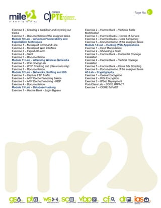 3
Exercise 4 – Creating a backdoor and covering our
tracks
Exercise 5 – Documentation of the assigned tasks
Module 10 Lab – Advanced Vulnerability and
Exploitation Techniques
Exercise 1 – Metasploit Command Line
Exercise 2 – Metasploit Web Interface
Exercise 3 – Exploit-DB.com
Exercise 4 – Saint
Exercise 5 – Documentation
Module 11 Lab – Attacking Wireless Networks
Exercise 1 – War Driving Lab
Exercise 2 – WEP Cracking Lab (classroom only)
Exercise 3 – Documentation
Module 12 Lab – Networks, Sniffing and IDS
Exercise 1 – Capture FTP Traffic
Exercise 2 – ARP Cache Poisoning Basics
Exercise 3 – ARP Cache Poisoning - RDP
Exercise 4 – Documentation
Module 13 Lab – Database Hacking
Exercise 1 – Hacme Bank – Login Bypass
Exercise 2 – Hacme Bank – Verbose Table
Modification
Exercise 3 – Hacme Books – Denial of Service
Exercise 4 – Hacme Books – Data Tampering
Exercise 5 – Documentation of the assigned tasks
Module 14 Lab – Hacking Web Applications
Exercise 1 – Input Manipulation
Exercise 2 – Shoveling a Shell
Exercise 3 – Hacme Bank – Horizontal Privilege
Escalation
Exercise 4 – Hacme Bank – Vertical Privilege
Escalation
Exercise 5 – Hacme Bank – Cross Site Scripting
Exercise 6 – Documentation of the assigned tasks
A5 Lab – Cryptography
Exercise 1 – Caesar Encryption
Exercise 2 – RC4 Encryption
Exercise 3 – IPSec Deployment
Post-Class Lab – CORE IMPACT
Exercise 1 – CORE IMPACT
 