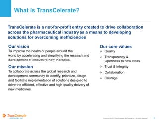 Copyright ©2015 TransCelerate BioPharma Inc., All rights reserved. 2
What is TransCelerate?
Our vision
To improve the health of people around the
world by accelerating and simplifying the research and
development of innovative new therapies.
Our mission
To collaborate across the global research and
development community to identify, prioritize, design
and facilitate implementation of solutions designed to
drive the efficient, effective and high-quality delivery of
new medicines.
TransCelerate is a not-for-profit entity created to drive collaboration
across the pharmaceutical industry as a means to developing
solutions for overcoming inefficiencies
Our core values
 Quality
 Transparency &
Openness to new ideas
 Trust & Integrity
 Collaboration
 Courage
 