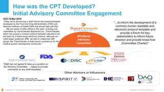Copyright ©2017 TransCelerate BioPharma Inc., All rights reserved. * Confidential - NOT FOR DISTRIBUTION *
eProtocol
Advisory
Committee
“…to inform the development of a
common human readable and
electronic protocol template and
provide a forum for key
stakeholders to inform future
direction and provide know-how
(Committee Charter)”
“EMA has not agreed to take up a position on
the Advisory Committee…..Happy to provide
comments on any draft templates…”
Other Advisors or Influencers
FDA 18-Mar-2016:
“Today we’re announcing a draft clinical trial protocol template
developed by the Food and Drug Administration (FDA) and
National Institutes of Health (NIH) that should help with that.
…..We are aware of other efforts in this area, including one
undertaken by TransCelerate Biopharma Inc. (TransCelerate),
which has issued a common protocol template intended to be
the basis for a forthcoming electronic protocol. Although our
initial target audiences differ, we plan to collaborate with
groups like TransCelerate to help ensure consistency for the
medical product development community.”
How was the CPT Developed?
Initial Advisory Committee Engagement
 