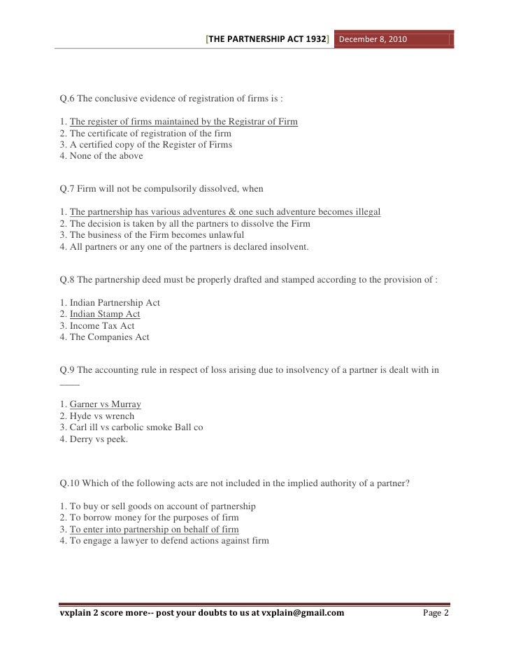 Cpt Imp Mcqs On Partnership Act Cpt Imp Mcqs On Partnership Act