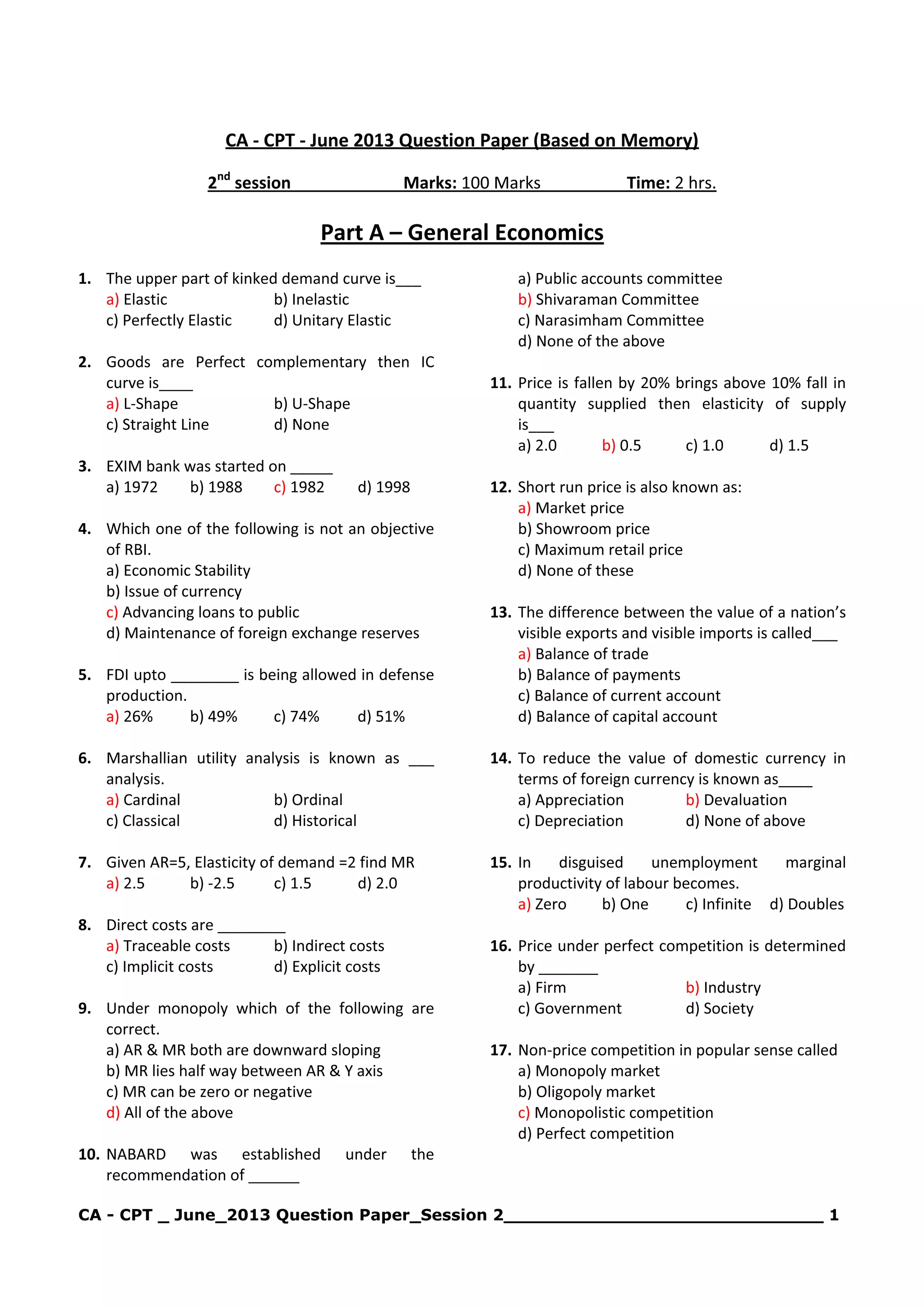 CA - CPT _ June_2013 Question Paper_Session 2_____________________________ 1
CA - CPT - June 2013 Question Paper (Based on Memory)
2nd
session Marks: 100 Marks Time: 2 hrs.
Part A – General Economics
1. The upper part of kinked demand curve is___
a) Elastic b) Inelastic
c) Perfectly Elastic d) Unitary Elastic
2. Goods are Perfect complementary then IC
curve is____
a) L-Shape b) U-Shape
c) Straight Line d) None
3. EXIM bank was started on _____
a) 1972 b) 1988 c) 1982 d) 1998
4. Which one of the following is not an objective
of RBI.
a) Economic Stability
b) Issue of currency
c) Advancing loans to public
d) Maintenance of foreign exchange reserves
5. FDI upto ________ is being allowed in defense
production.
a) 26% b) 49% c) 74% d) 51%
6. Marshallian utility analysis is known as ___
analysis.
a) Cardinal b) Ordinal
c) Classical d) Historical
7. Given AR=5, Elasticity of demand =2 find MR
a) 2.5 b) -2.5 c) 1.5 d) 2.0
8. Direct costs are ________
a) Traceable costs b) Indirect costs
c) Implicit costs d) Explicit costs
9. Under monopoly which of the following are
correct.
a) AR & MR both are downward sloping
b) MR lies half way between AR & Y axis
c) MR can be zero or negative
d) All of the above
10. NABARD was established under the
recommendation of ______
a) Public accounts committee
b) Shivaraman Committee
c) Narasimham Committee
d) None of the above
11. Price is fallen by 20% brings above 10% fall in
quantity supplied then elasticity of supply
is___
a) 2.0 b) 0.5 c) 1.0 d) 1.5
12. Short run price is also known as:
a) Market price
b) Showroom price
c) Maximum retail price
d) None of these
13. The difference between the value of a nation’s
visible exports and visible imports is called___
a) Balance of trade
b) Balance of payments
c) Balance of current account
d) Balance of capital account
14. To reduce the value of domestic currency in
terms of foreign currency is known as____
a) Appreciation b) Devaluation
c) Depreciation d) None of above
15. In disguised unemployment marginal
productivity of labour becomes.
a) Zero b) One c) Infinite d) Doubles
16. Price under perfect competition is determined
by _______
a) Firm b) Industry
c) Government d) Society
17. Non-price competition in popular sense called
a) Monopoly market
b) Oligopoly market
c) Monopolistic competition
d) Perfect competition
 