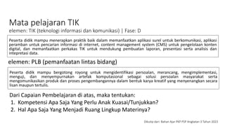 Mata pelajaran TIK
elemen: TIK (teknologi informasi dan komunikasi) | Fase: D
Peserta didik mampu menerapkan praktik baik dalam memanfaatkan aplikasi surel untuk berkomunikasi, aplikasi
peramban untuk pencarian informasi di internet, content management system (CMS) untuk pengelolaan konten
digital, dan memanfaatkan perkakas TIK untuk mendukung pembuatan laporan, presentasi serta analisis dan
intepretasi data.
Peserta didik mampu bergotong royong untuk mengidentifikasi persoalan, merancang, mengimplementasi,
menguji, dan menyempurnakan artefak komputasional sebagai solusi persoalan masyarakat serta
mengomunikasikan produk dan proses pengembangannya dalam bentuk karya kreatif yang menyenangkan secara
lisan maupun tertulis.
elemen: PLB (pemanfaatan lintas bidang)
Dari Capaian Pembelajaran di atas, maka tentukan:
1. Kompetensi Apa Saja Yang Perlu Anak Kuasai/Tunjukkan?
2. Hal Apa Saja Yang Menjadi Ruang Lingkup Materinya?
Dikutip dari: Bahan Ajar PKP PSP Angkatan 3 Tahun 2023
 