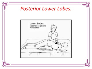 ….Postural Drainage
• After positioning the client Have the patient
remain in the desired position for 10 to 15
minutes, i...