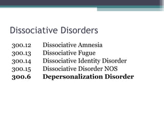 Dissociative Disorders 300.12 Dissociative Amnesia 300.13 Dissociative Fugue 300.14 Dissociative Identity Disorder 300.15 Dissociative Disorder NOS 300.6 Depersonalization Disorder 