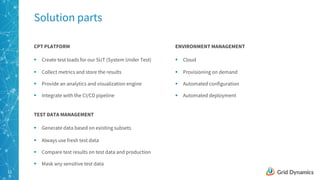 12
Solution parts
CPT PLATFORM
§ Create test loads for our SUT (System Under Test)
§ Collect metrics and store the results
§ Provide an analytics and visualization engine
§ Integrate with the CI/CD pipeline
TEST DATA MANAGEMENT
§ Generate data based on existing subsets
§ Always use fresh test data
§ Compare test results on test data and production
§ Mask any sensitive test data
ENVIRONMENT MANAGEMENT
§ Cloud
§ Provisioning on demand
§ Automated configuration
§ Automated deployment
 