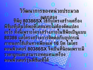 วิวัฒนาการของหน่วยประมวลผลกลาง   ซีพียู  80386SX  ใช้กับโครงสร้างเครื่องพีซีเอทีเดิมได้พอดีโดยแทบไม่ต้องดัดแปลงอะไร ทั้งนี้เพราะโครงสร้างภายในซีพียเป็นูแบบ  80386   แต่โครงสร้างการติดต่อกับอุปกรณ์ภายนอกใช้เส้นทางเพียงแค่  16   บิต ไมโครคอมพิวเตอร์  80386SX  จึงเป็นที่นิยมเพราะมีราคาถูกและสามารถทดแทนเครื่องคอมพิวเตอร์รุ่นพีซีเอทีได้ 