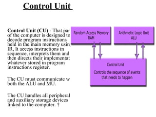   Control Unit  Control Unit (CU)  - That part of the computer is designed to decode program instructions held in the main memory using IR, It access instructions in sequence, interprets them and then directs their implementation whatever stored in program instructions register.  The CU must communicate with both the ALU and MU.  The CU handles all peripheral and auxiliary storage devices linked to the computer.   