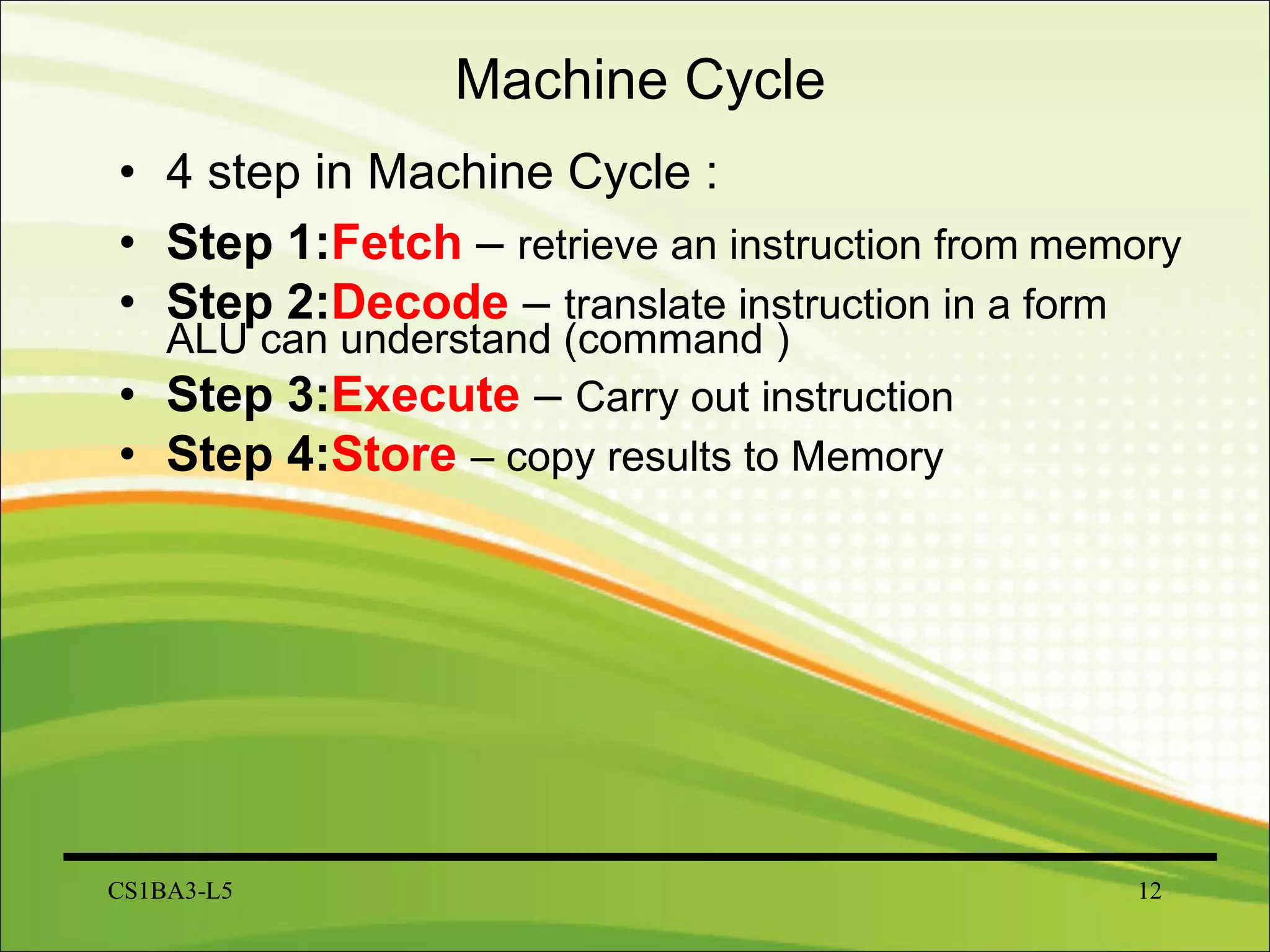 Machine   Cycle 4 step in Machine Cycle : Step 1: Fetch   –  retrieve an instruction from   memory Step 2: Decode   –  translate instruction in a form ALU can understand (command ) Step 3: Execute   –  Carry out instruction Step 4: Store  – copy results to Memory CS1BA3-L5 