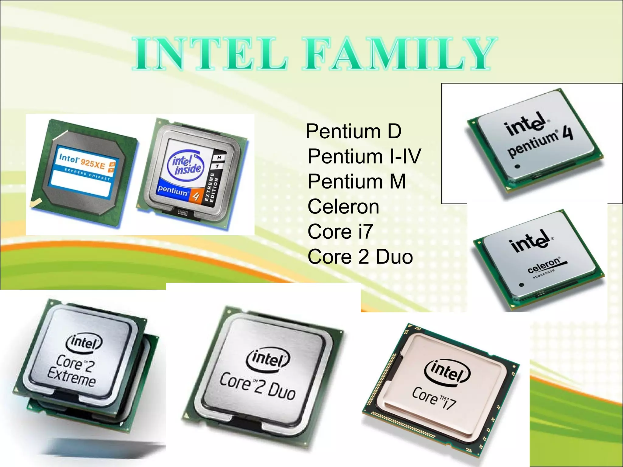 Pentium D Pentium I-IV Pentium M Celeron Core i7 Core 2 Duo 