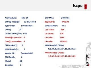 lscpu

Architecture:         x86_64               CPU MHz:           2400.461
CPU op-mode(s):           32-bit, 64-bit   BogoMIPS:          4799.93
Byte Order:       Little Endian            Virtualization:    VT-x
CPU(s):          24                        L1d cache:        32K
On-line CPU(s) list: 0-23                  L1i cache:        32K
Thread(s) per core: 2                      L2 cache:         256K
Core(s) per socket: 6                      L3 cache:         12288K
CPU socket(s):        2                    NUMA node0 CPU(s):
NUMA node(s):             2                    0,2,4,6,8,10,12,14,16,18,20,22

Vendor ID:        GenuineIntel             NUMA node1 CPU(s):

CPU family:       6                            1,3,5,7,9,11,13,15,17,19,21,23

Model:           44
Stepping:         2                                                               14
 