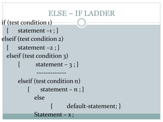 ELSE – IF LADDER
if (test condition 1)
{ statement –1 ; }
elseif (test condition 2)
{ statement –2 ; }
elseif (test condition 3)
{ statement – 3 ; }
-------------
elseif (test condition n)
{ statement – n ; }
else
{ default-statement; }
Statement – x;
 