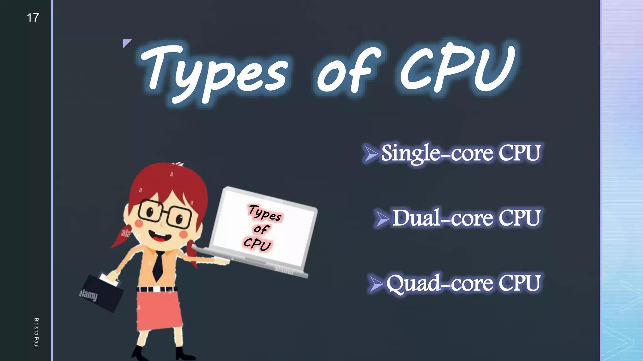 z
Types of CPU
Single-core CPU
Dual-core CPU
Quad-core CPU
17
Bidisha
Paul
 