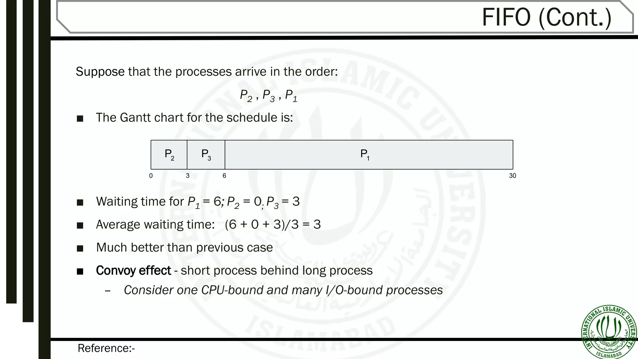 Reference:-
FIFO (Cont.)
Suppose that the processes arrive in the order:
P2 , P3 , P1
■ The Gantt chart for the schedule is:
■ Waiting time for P1 = 6; P2 = 0; P3 = 3
■ Average waiting time: (6 + 0 + 3)/3 = 3
■ Much better than previous case
■ Convoy effect - short process behind long process
– Consider one CPU-bound and many I/O-bound processes
P1
0 3 6 30
P2
P3
 