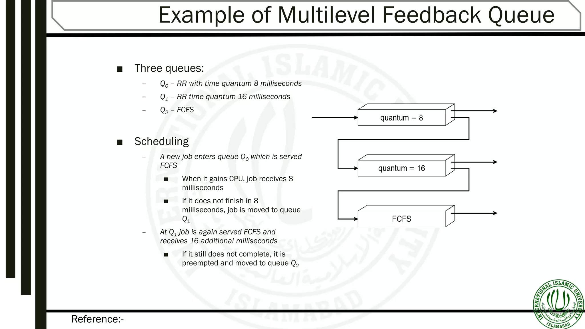 Reference:-
Example of Multilevel Feedback Queue
■ Three queues:
– Q0 – RR with time quantum 8 milliseconds
– Q1 – RR time quantum 16 milliseconds
– Q2 – FCFS
■ Scheduling
– A new job enters queue Q0 which is served
FCFS
■ When it gains CPU, job receives 8
milliseconds
■ If it does not finish in 8
milliseconds, job is moved to queue
Q1
– At Q1 job is again served FCFS and
receives 16 additional milliseconds
■ If it still does not complete, it is
preempted and moved to queue Q2
 