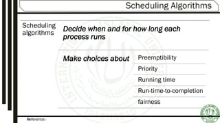 Reference:-14
Scheduling Algorithms
Scheduling
algorithms
Decide when and for how long each
process runs
Make choices about Preemptibility
Priority
Running time
Run-time-to-completion
fairness
 