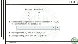 Reference:-
FIFO
Process Burst Time
P1 24
P2 3
P3 3
■ Suppose that the processes arrive in the order: P1 , P2 , P3
The Gantt Chart for the schedule is:
■ Waiting time for P1 = 0; P2 = 24; P3 = 27
■ Average waiting time: (0 + 24 + 27)/3 = 17
P P P1 2 3
0 24 3027
 