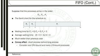 Reference:-
FIFO (Cont.)
Suppose that the processes arrive in the order:
P2 , P3 , P1
■ The Gantt chart for the schedule is:
■ Waiting time for P1 = 6; P2 = 0; P3 = 3
■ Average waiting time: (6 + 0 + 3)/3 = 3
■ Much better than previous case
■ Convoy effect - short process behind long process
– Consider one CPU-bound and many I/O-bound processes
P1
0 3 6 30
P2
P3
 